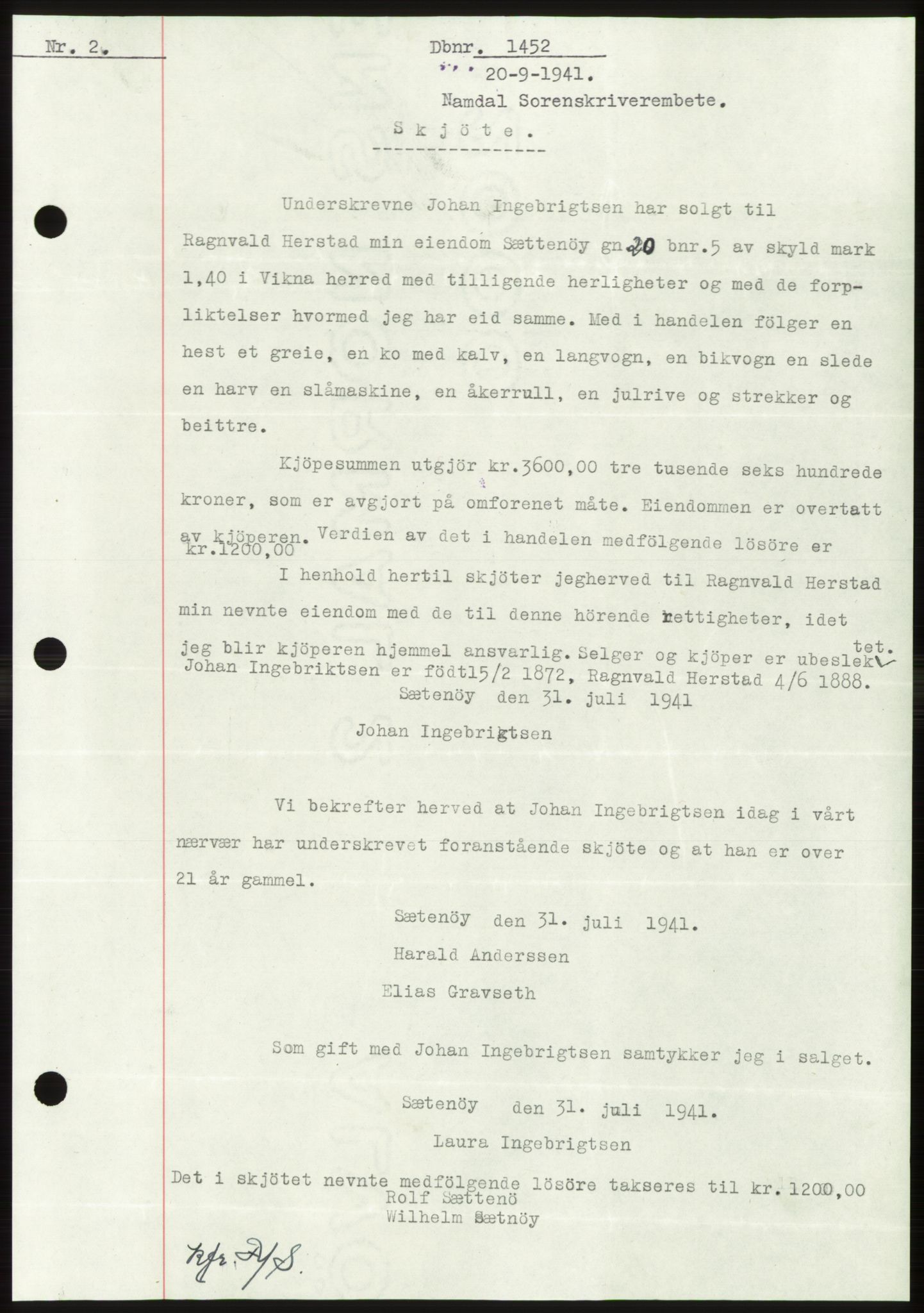 Namdal sorenskriveri, SAT/A-4133/1/2/2C: Mortgage book no. -, 1941-1942, Diary no: : 1452/1941