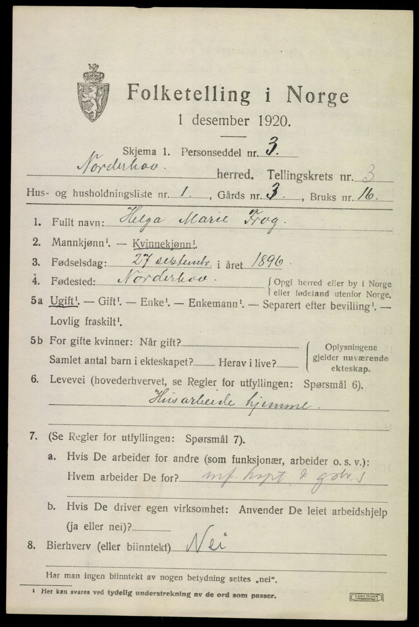 SAKO, 1920 census for Norderhov, 1920, p. 5284