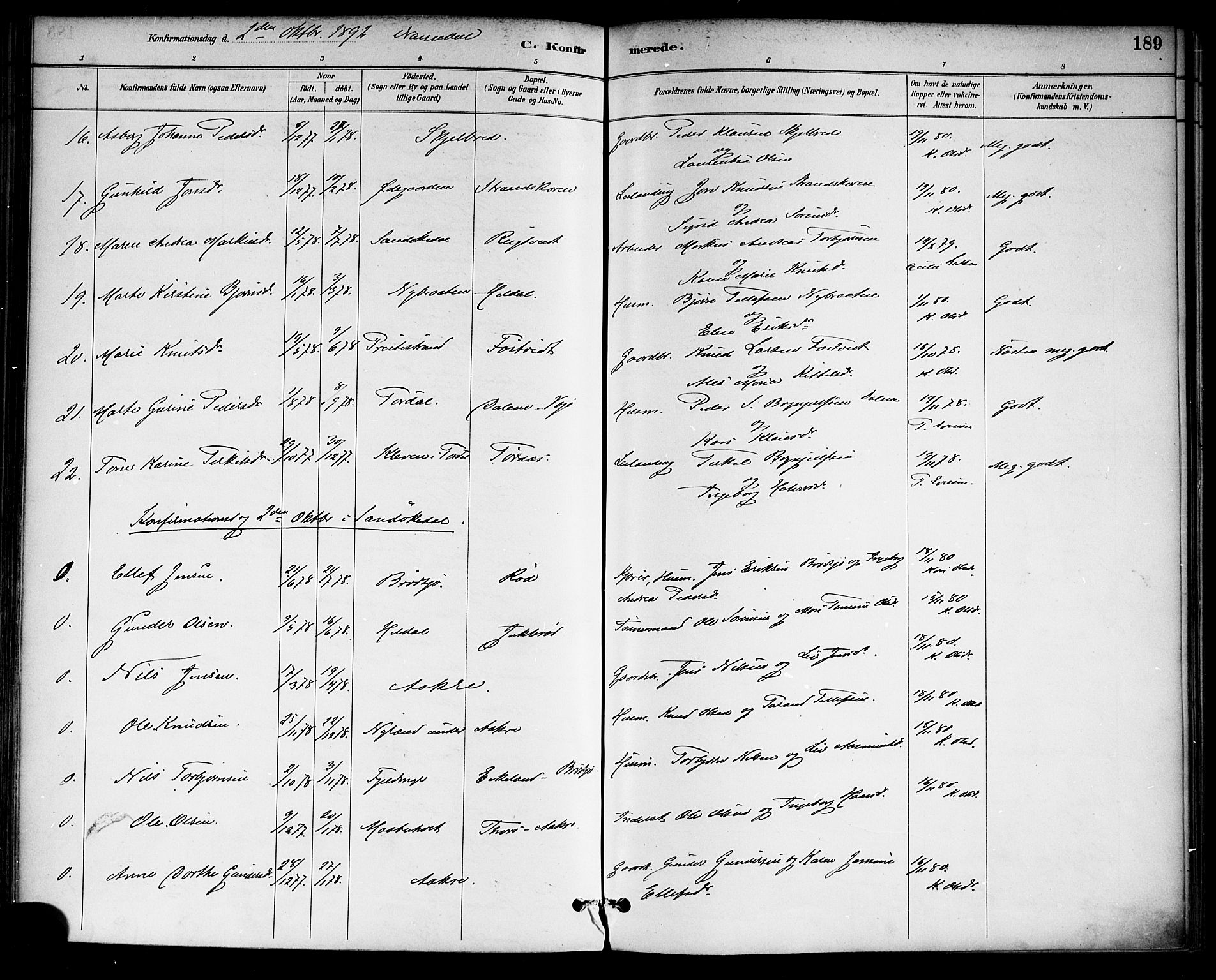 Drangedal kirkebøker, SAKO/A-258/F/Fa/L0010: Parish register (official) no. 10 /1, 1885-1894, p. 189