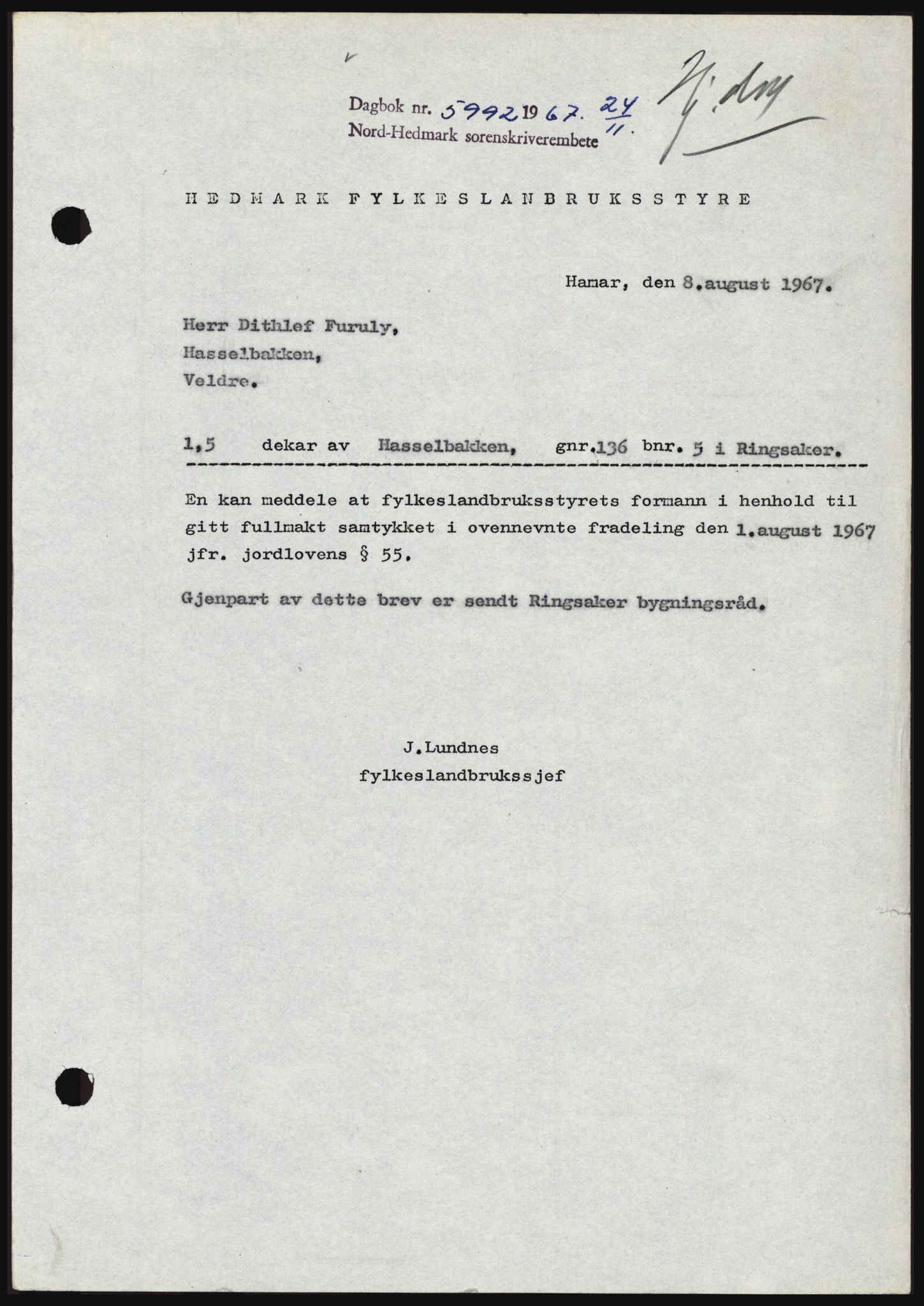 Nord-Hedmark sorenskriveri, SAH/TING-012/H/Hc/L0027: Mortgage book no. 27, 1967-1968, Diary no: : 5992/1967