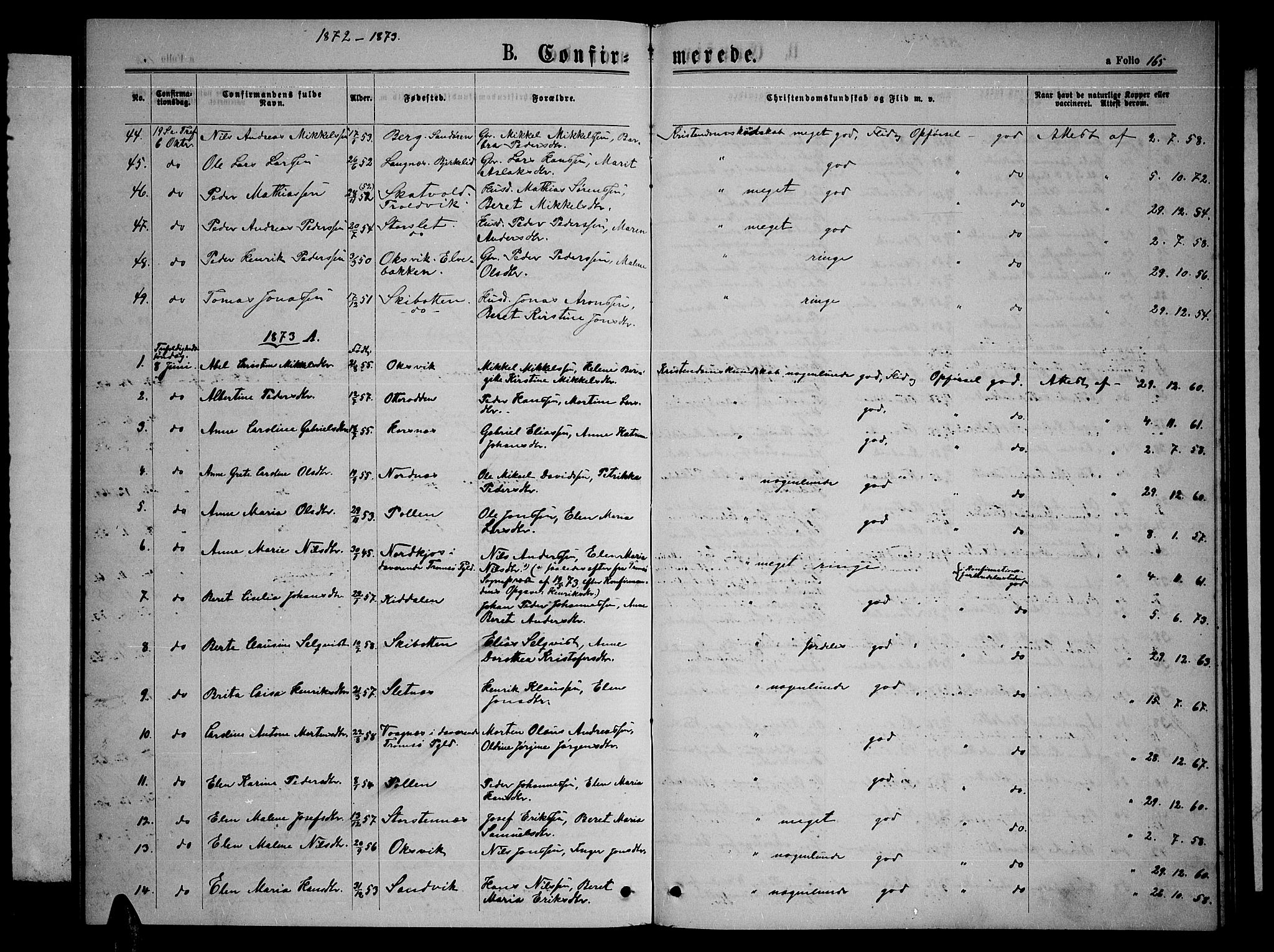 Lyngen sokneprestembete, SATØ/S-1289/H/He/Heb/L0004klokker: Parish register (copy) no. 4, 1868-1878, p. 165