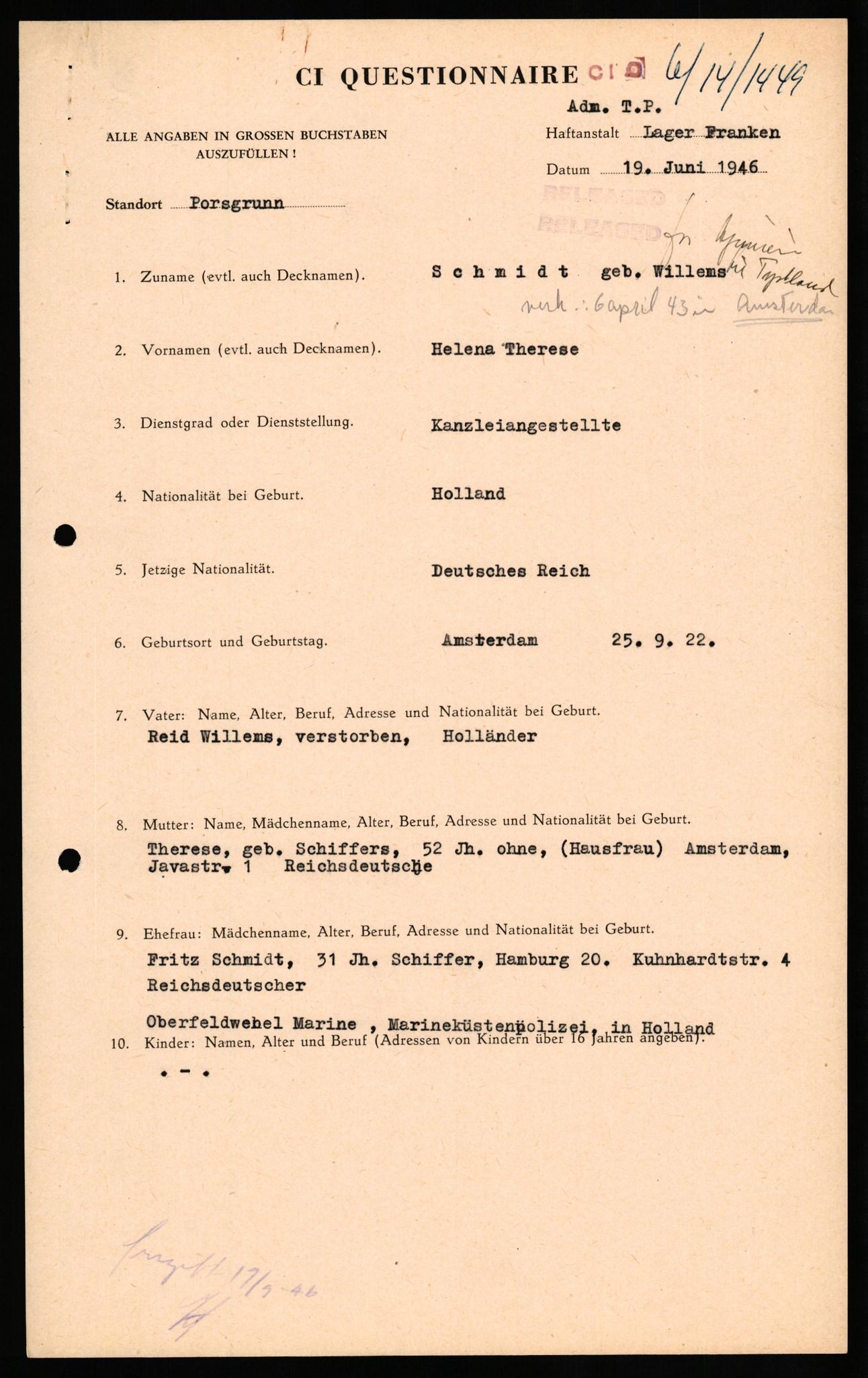 Forsvaret, Forsvarets overkommando II, RA/RAFA-3915/D/Db/L0029: CI Questionaires. Tyske okkupasjonsstyrker i Norge. Tyskere., 1945-1946, p. 412