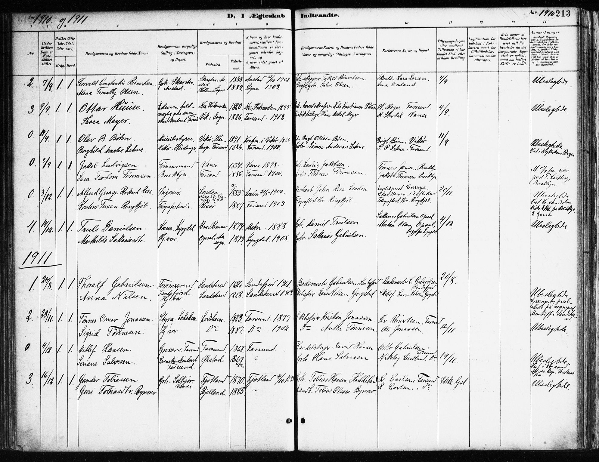 Farsund sokneprestkontor, SAK/1111-0009/F/Fa/L0006: Parish register (official) no. A 6, 1887-1920, p. 213
