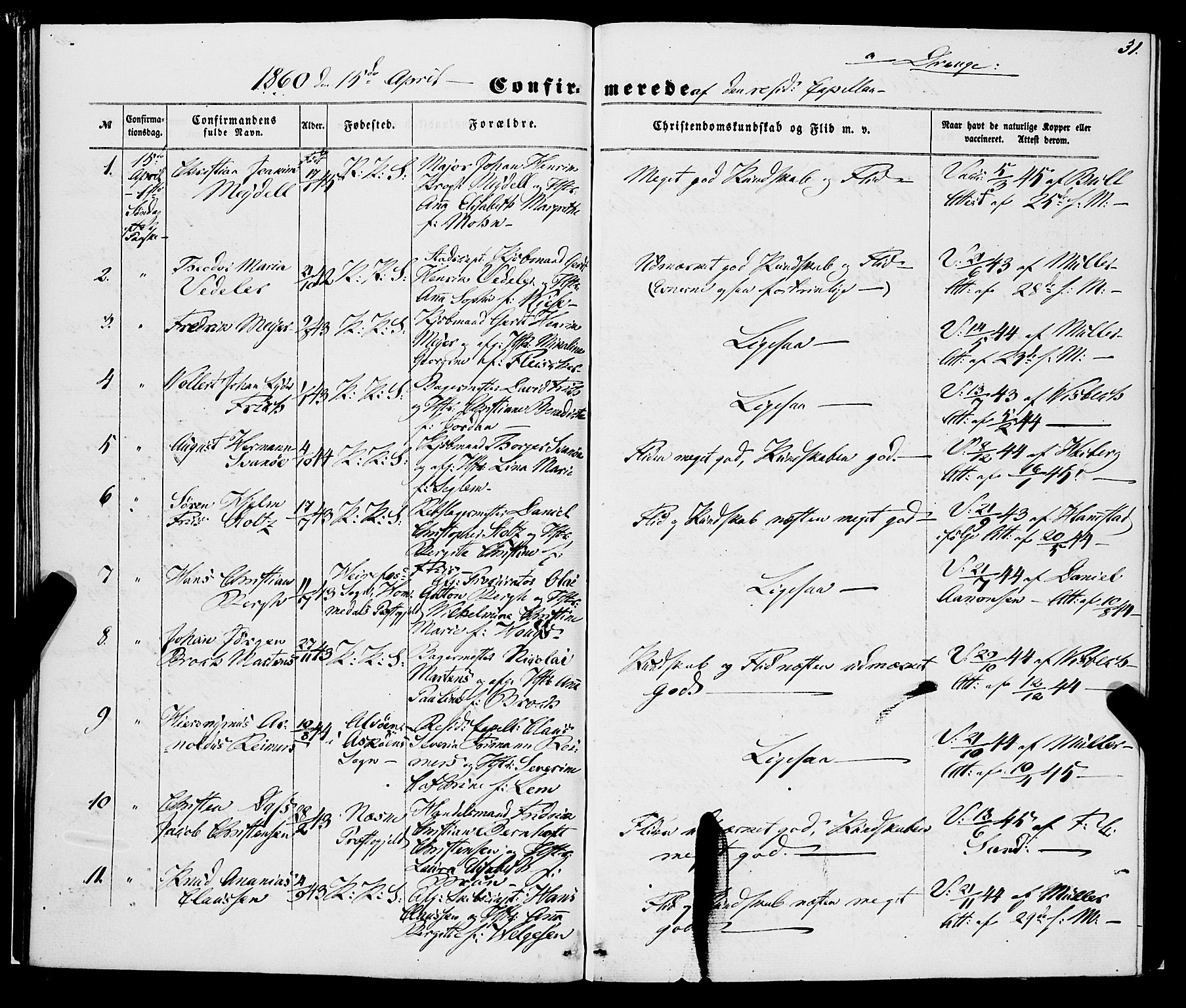Korskirken sokneprestembete, SAB/A-76101/H/Haa/L0069: Curate's parish register no. A 4, 1856-1869, p. 31
