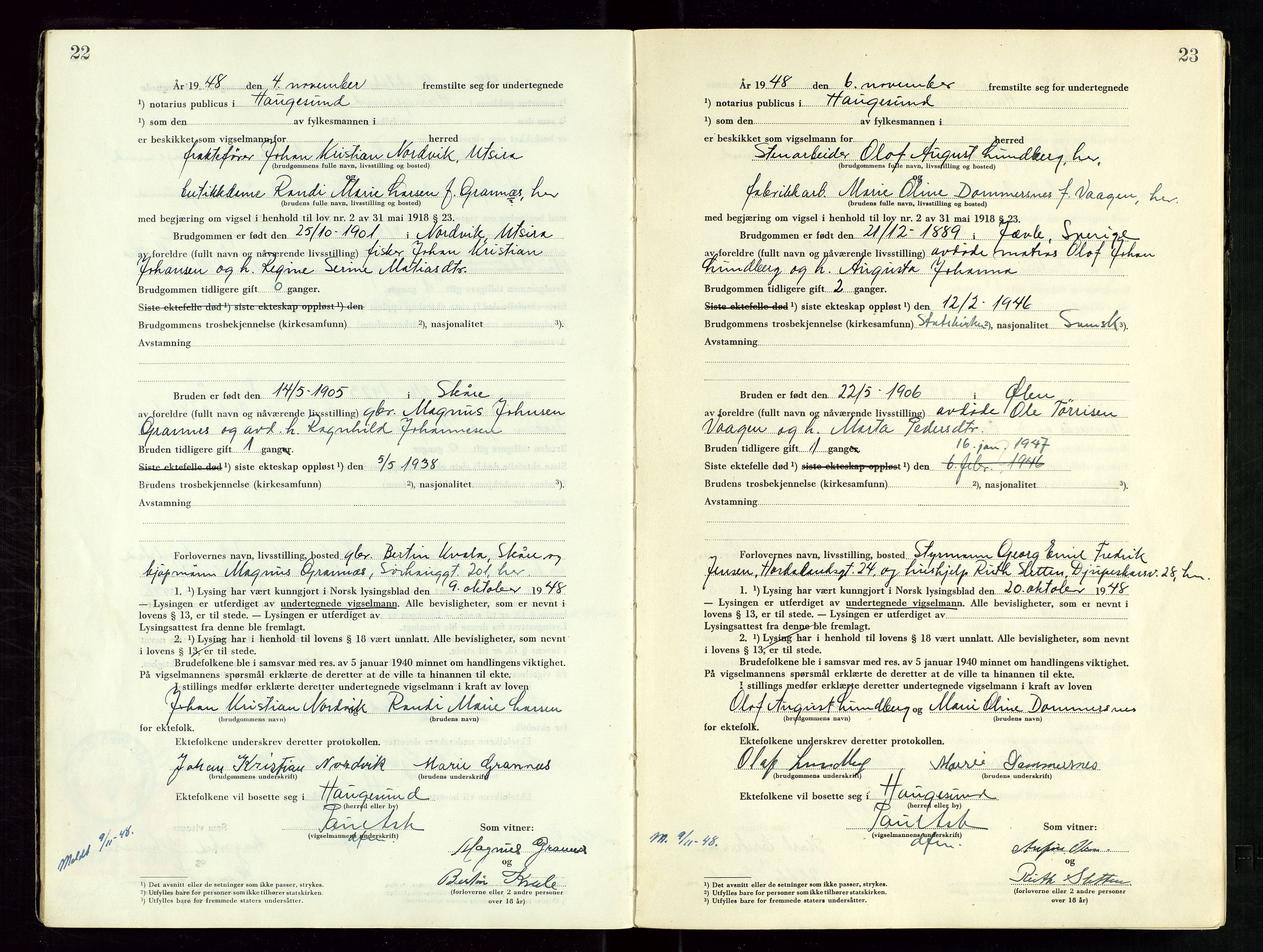 Haugesund tingrett, AV/SAST-A-101415/01/III/IIID/L0006: Vigselbok, 1948-1956, p. 22-23