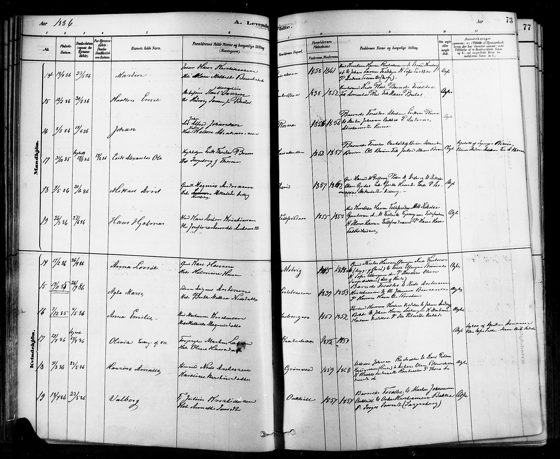 Rygge prestekontor Kirkebøker, SAO/A-10084b/F/Fa/L0007: Parish register (official) no. 7, 1878-1904, p. 73