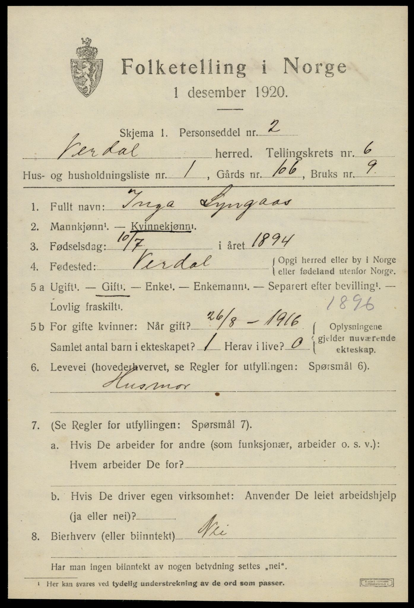 SAT, 1920 census for Verdal, 1920, p. 9187