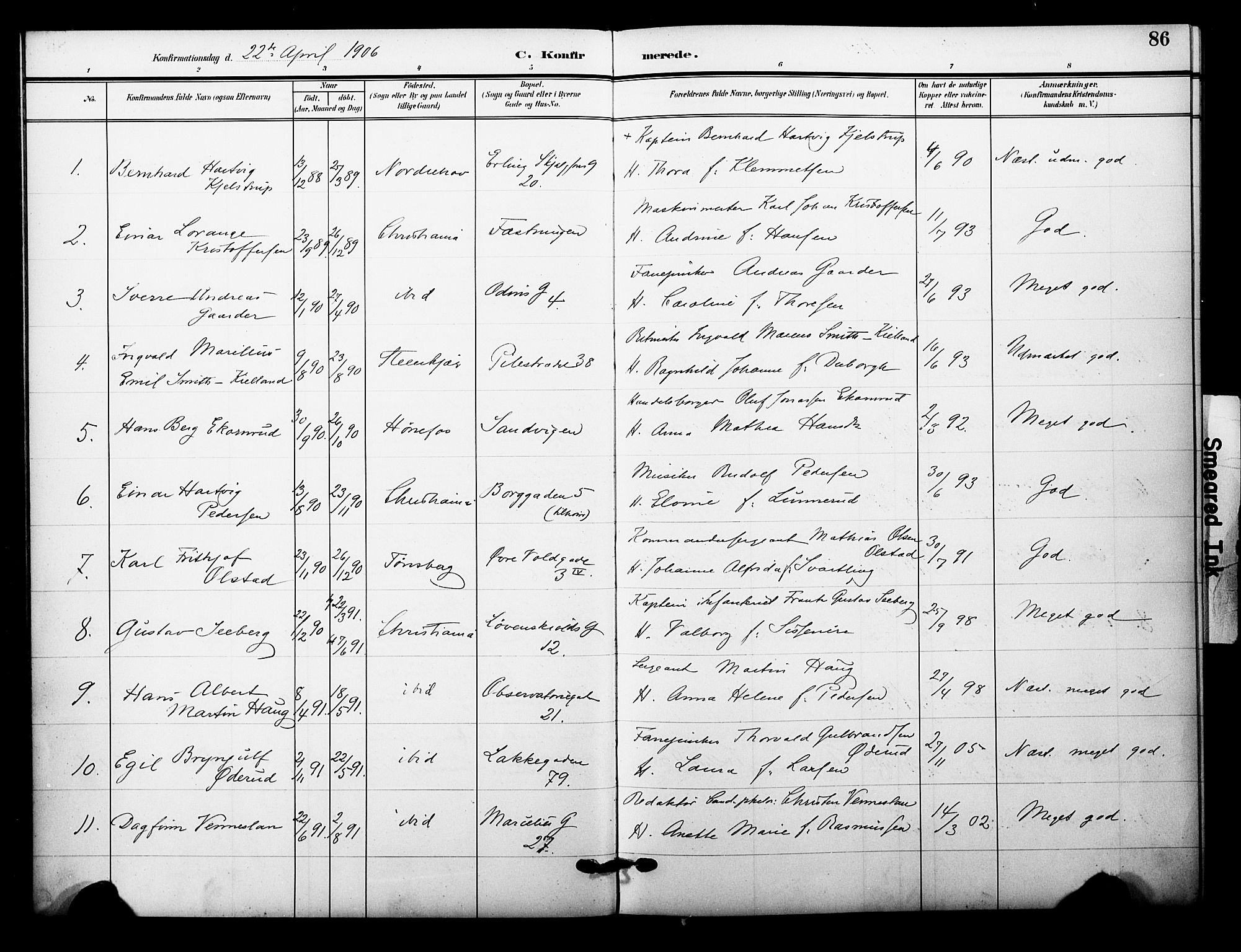 Garnisonsmenigheten Kirkebøker, AV/SAO-A-10846/F/Fa/L0014: Parish register (official) no. 14, 1905-1914, p. 86