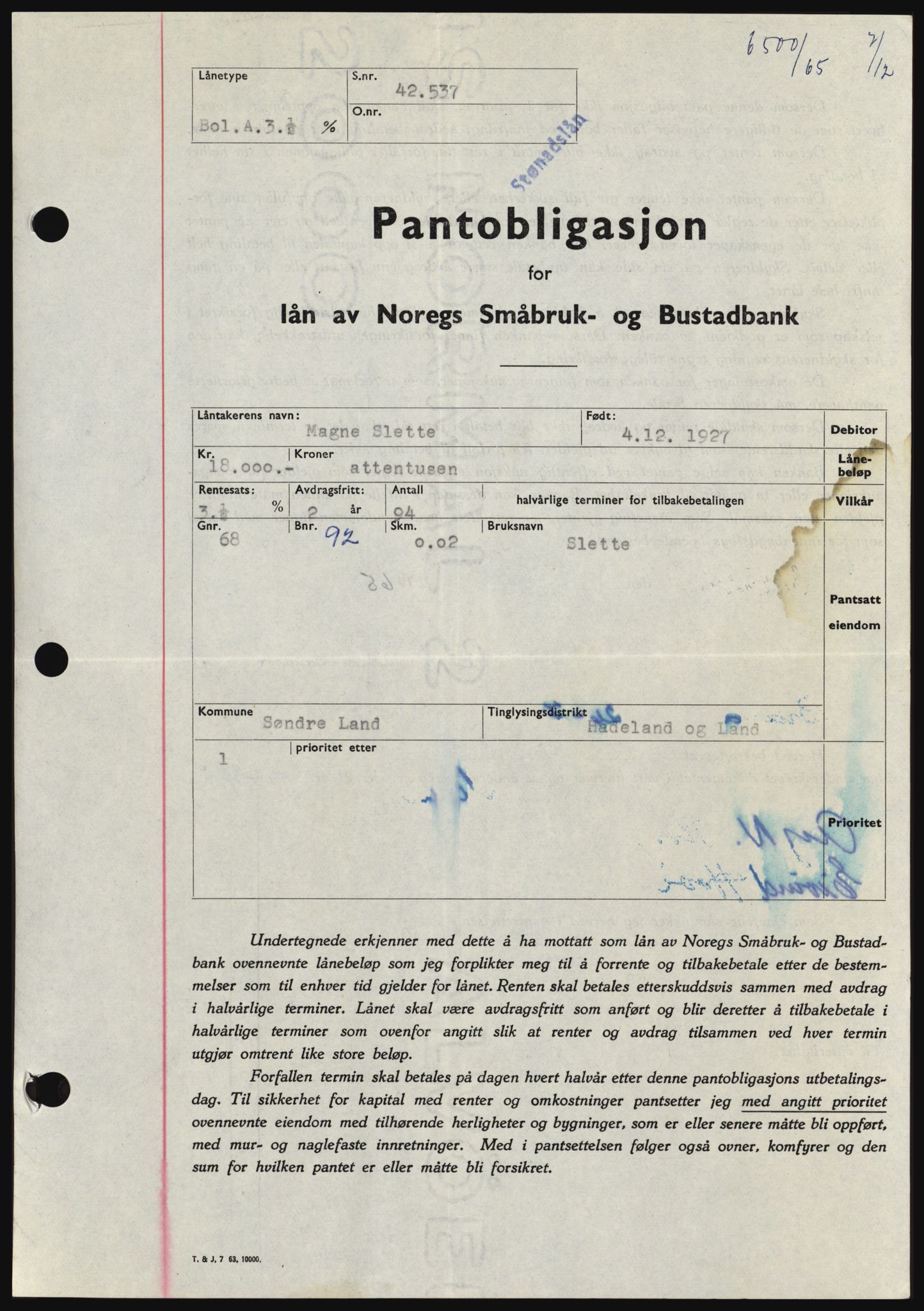 Hadeland og Land tingrett, SAH/TING-010/H/Hb/Hbc/L0061: Mortgage book no. B61, 1965-1966, Diary no: : 6500/1965