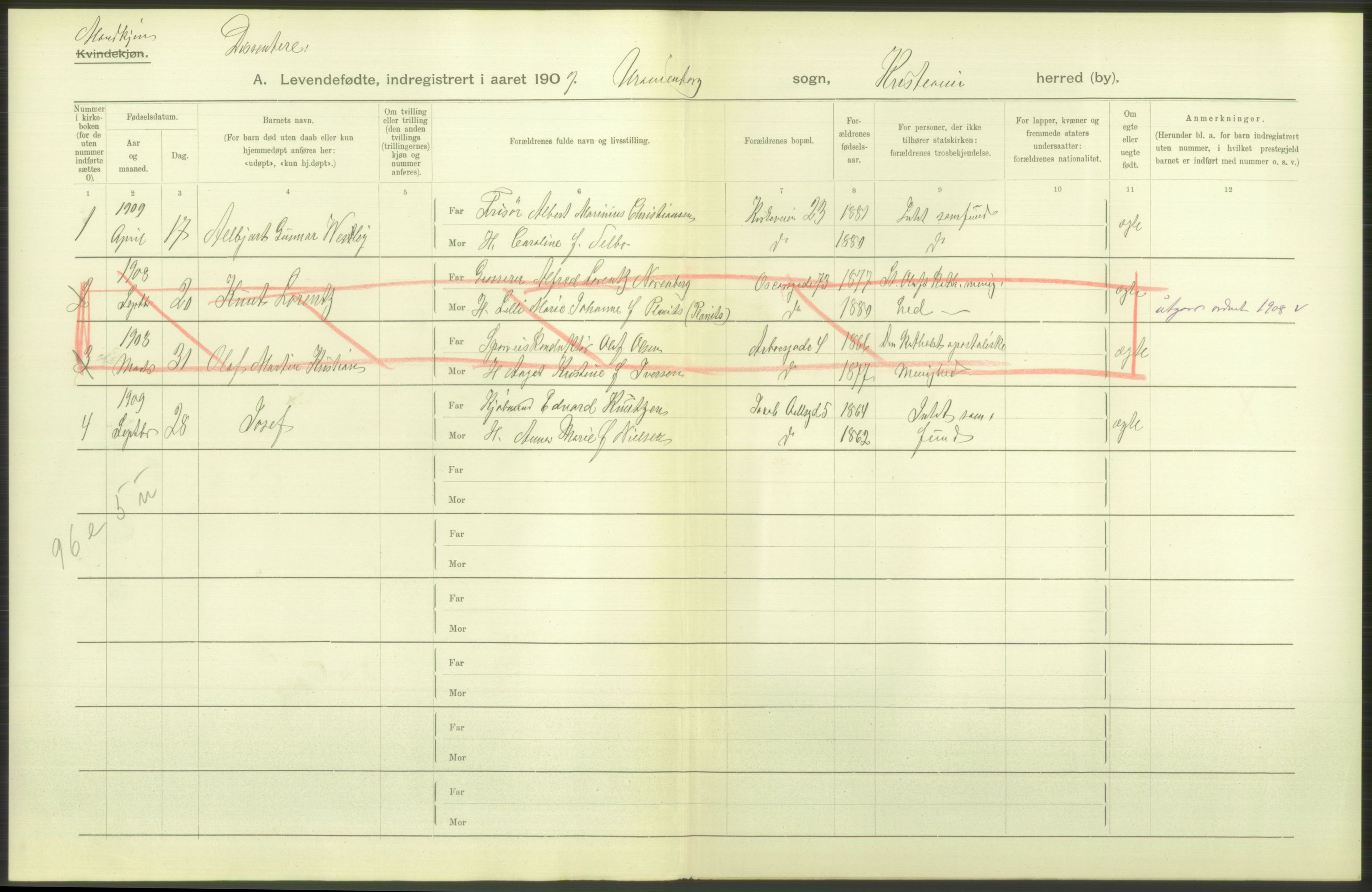 Statistisk sentralbyrå, Sosiodemografiske emner, Befolkning, AV/RA-S-2228/D/Df/Dfa/Dfag/L0007: Kristiania: Levendefødte menn og kvinner., 1909, p. 28