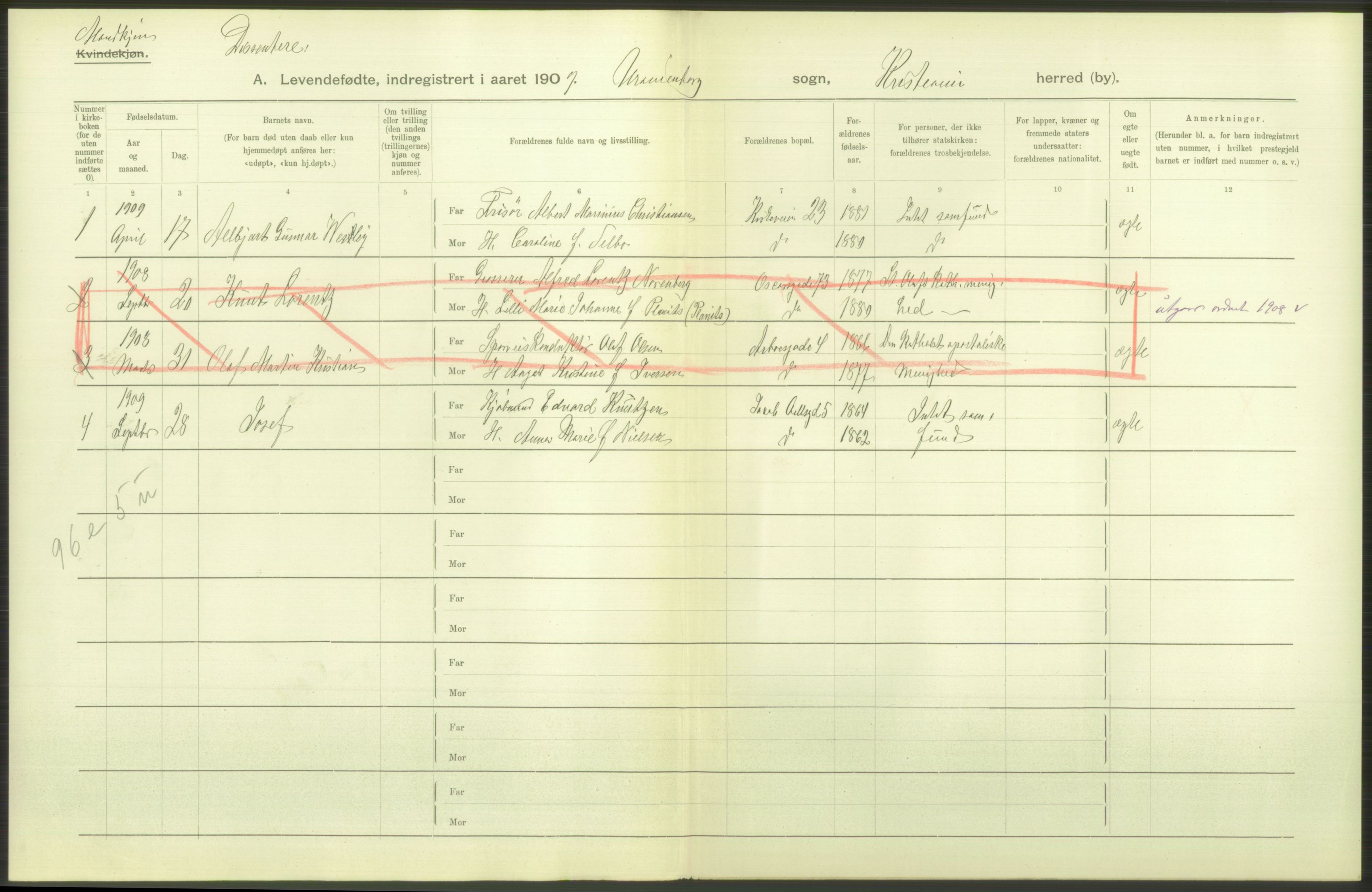 Statistisk sentralbyrå, Sosiodemografiske emner, Befolkning, RA/S-2228/D/Df/Dfa/Dfag/L0007: Kristiania: Levendefødte menn og kvinner., 1909, p. 28