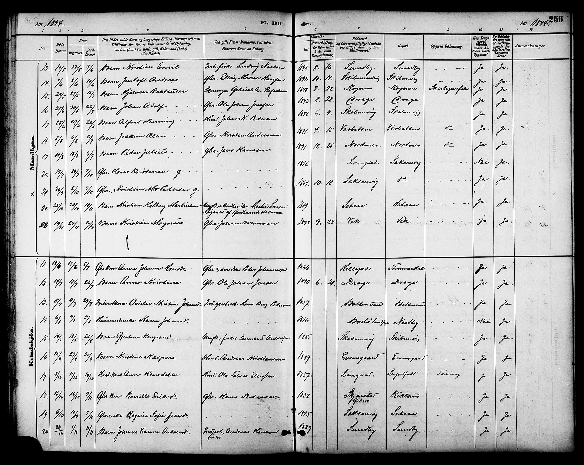 Ministerialprotokoller, klokkerbøker og fødselsregistre - Nordland, AV/SAT-A-1459/847/L0669: Parish register (official) no. 847A09, 1887-1901, p. 256