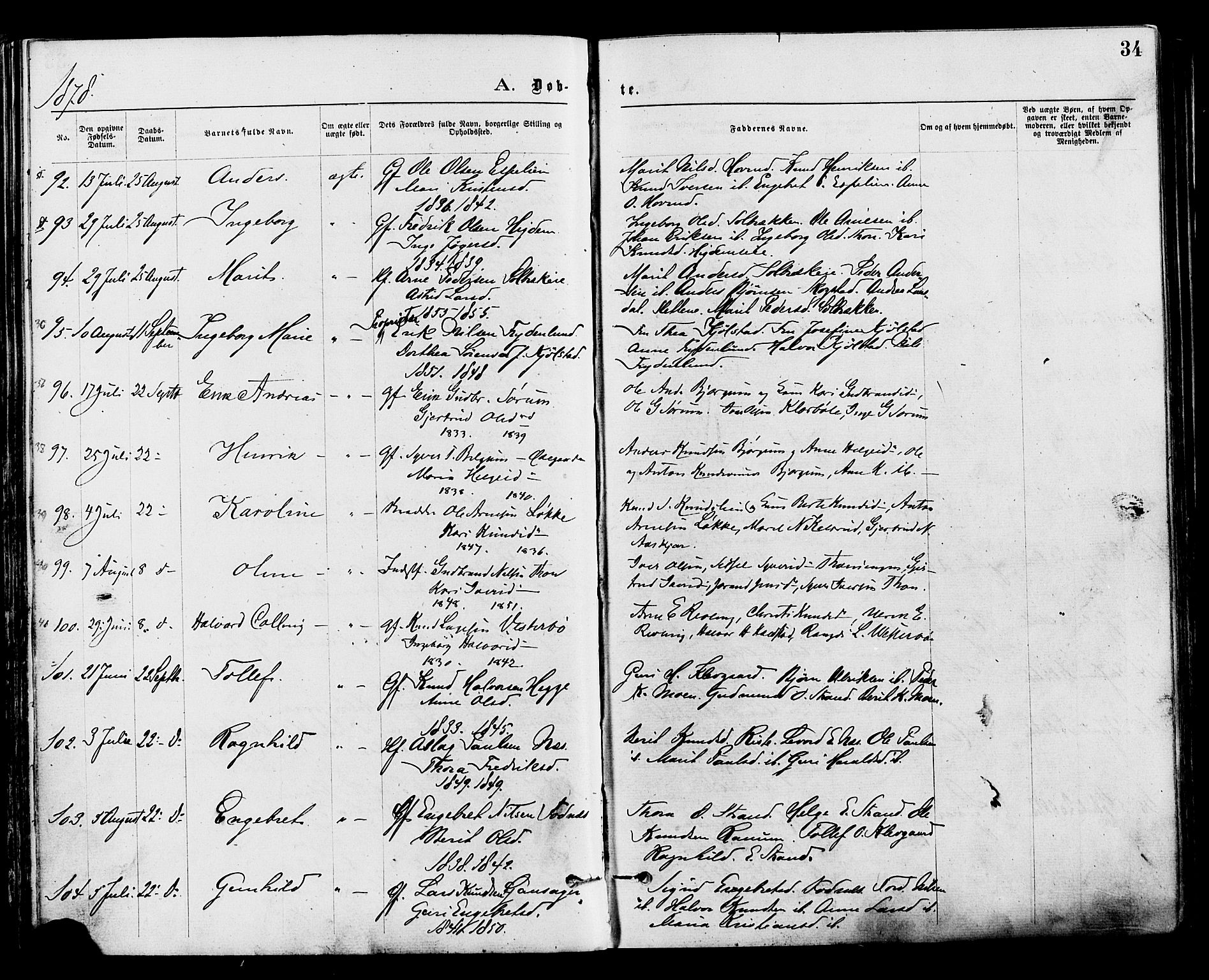 Nord-Aurdal prestekontor, SAH/PREST-132/H/Ha/Haa/L0009: Parish register (official) no. 9, 1876-1882, p. 34