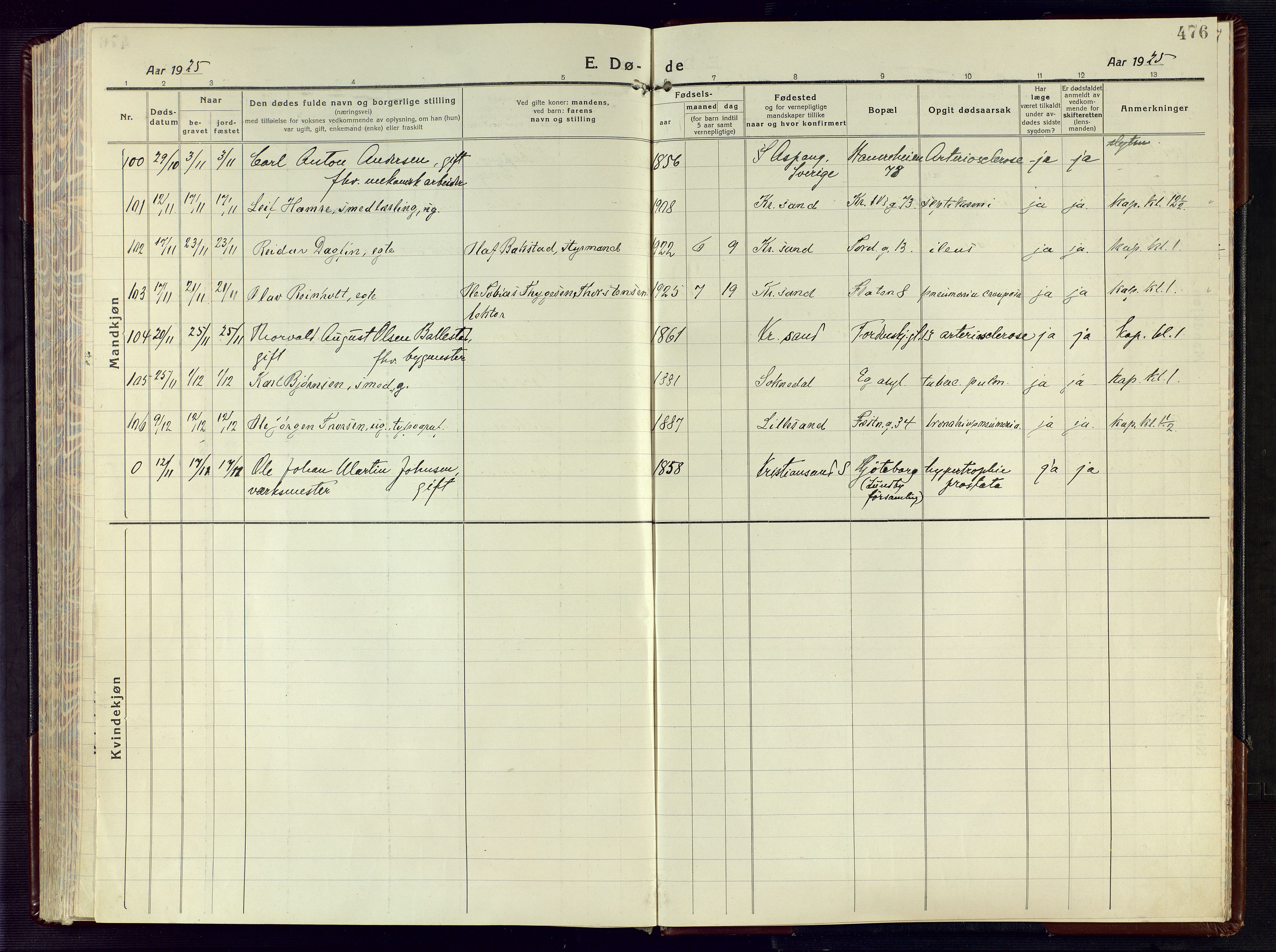 Kristiansand domprosti, AV/SAK-1112-0006/F/Fa/L0028: Parish register (official) no. A 27, 1917-1926, p. 476