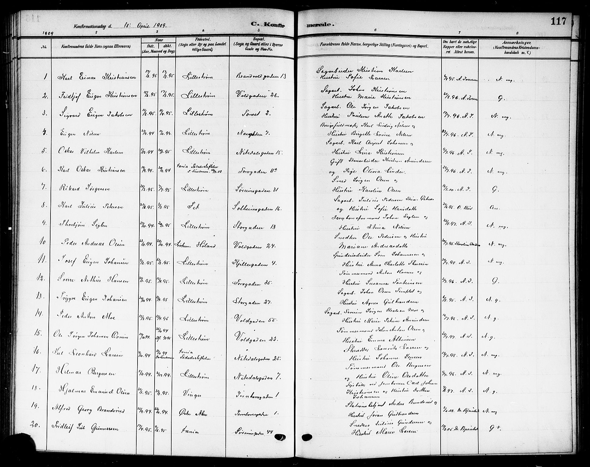 Skedsmo prestekontor Kirkebøker, SAO/A-10033a/G/Gc/L0001: Parish register (copy) no. III 1, 1908-1916, p. 117