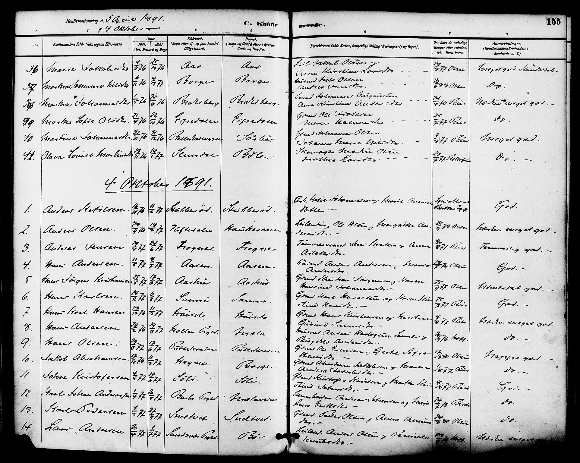 Gjerpen kirkebøker, AV/SAKO-A-265/F/Fa/L0010: Parish register (official) no. I 10, 1886-1895, p. 155