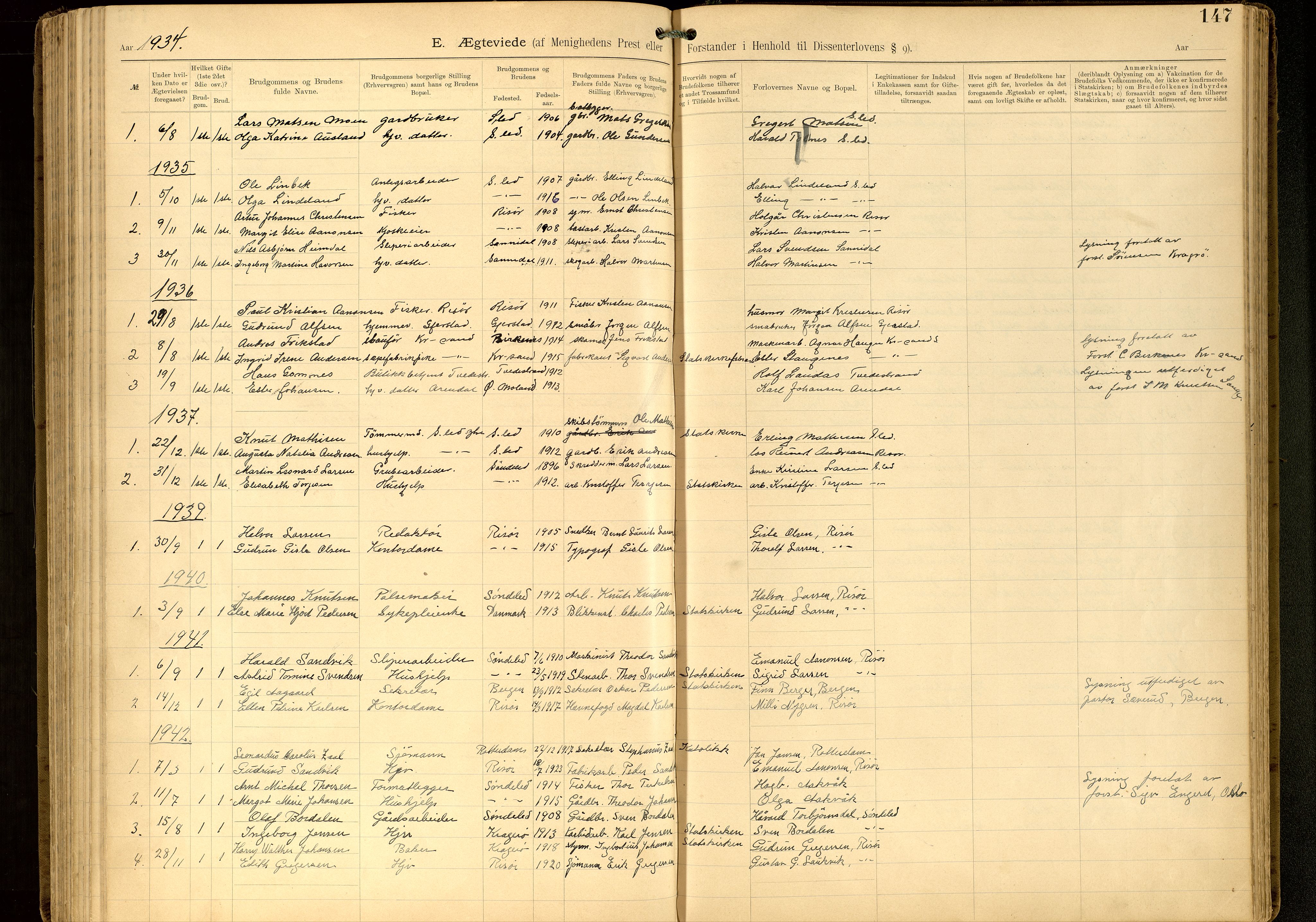 Den evangelisk-lutherske frimenighet, Risør, AV/SAK-1292-0007/F/Fa/L0002: Dissenter register no. F 18, 1892-1954, p. 147