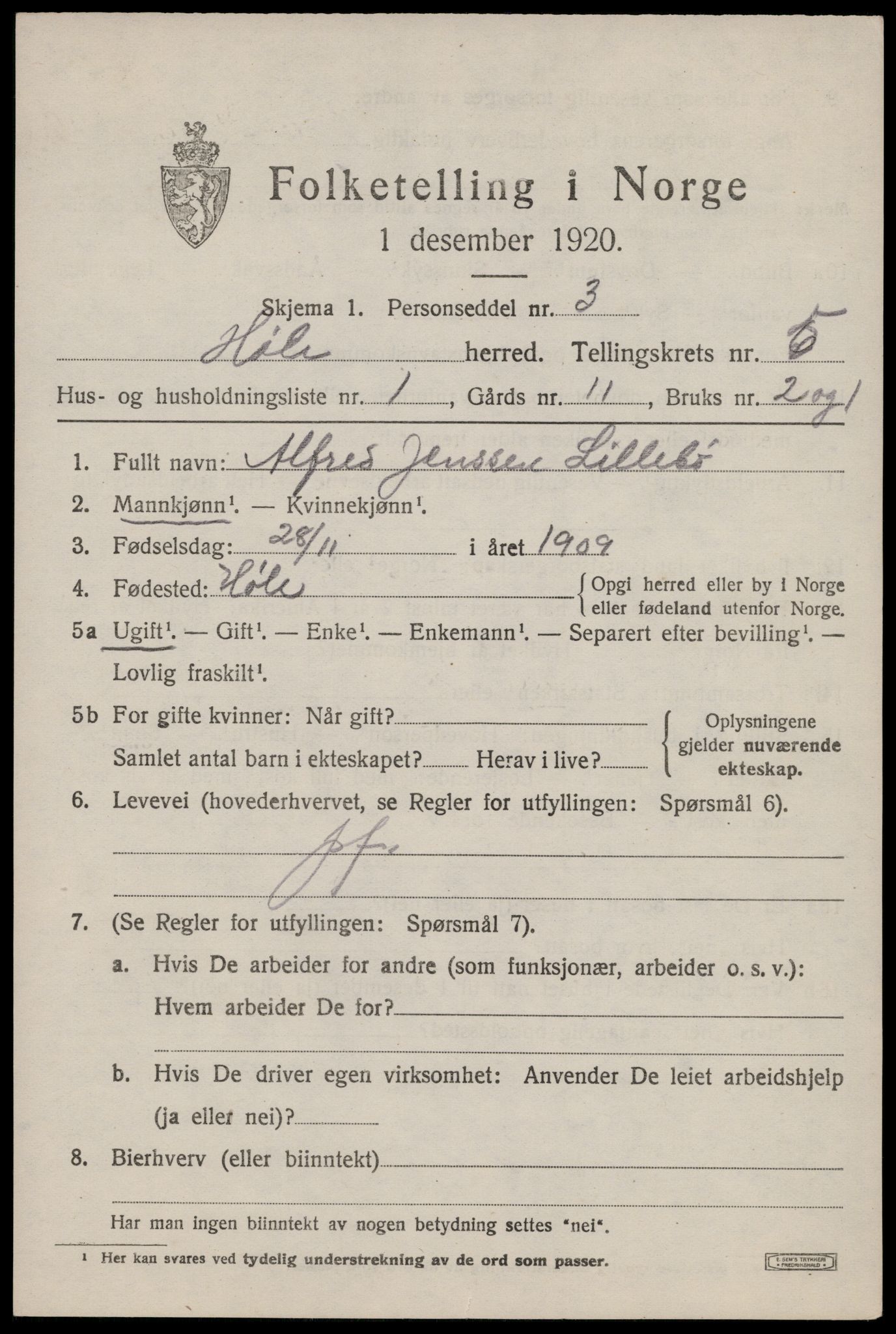 SAST, 1920 census for Høle, 1920, p. 1657