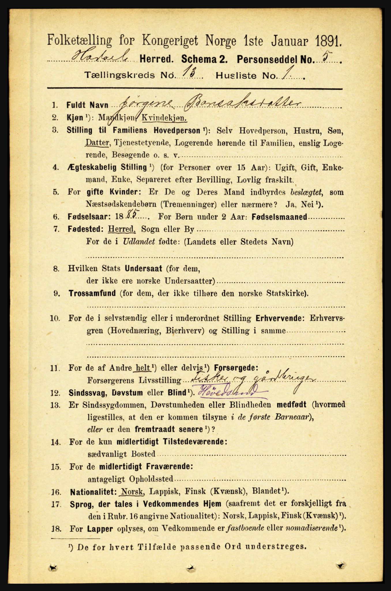 RA, 1891 census for 1866 Hadsel, 1891, p. 5827