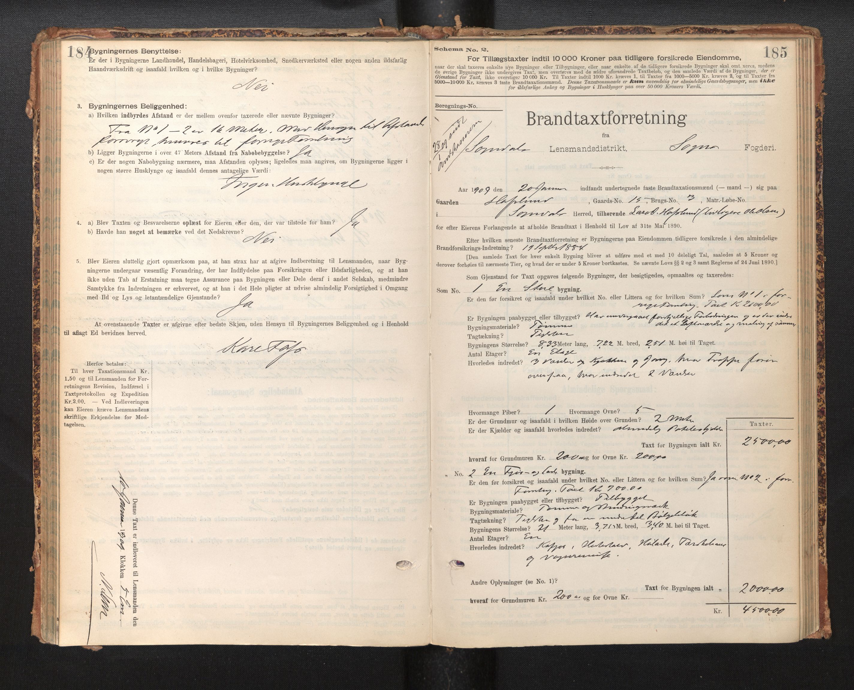 Lensmannen i Sogndal, SAB/A-29901/0012/L0009: Branntakstprotokoll, skjematakst, 1901-1914, p. 184-185