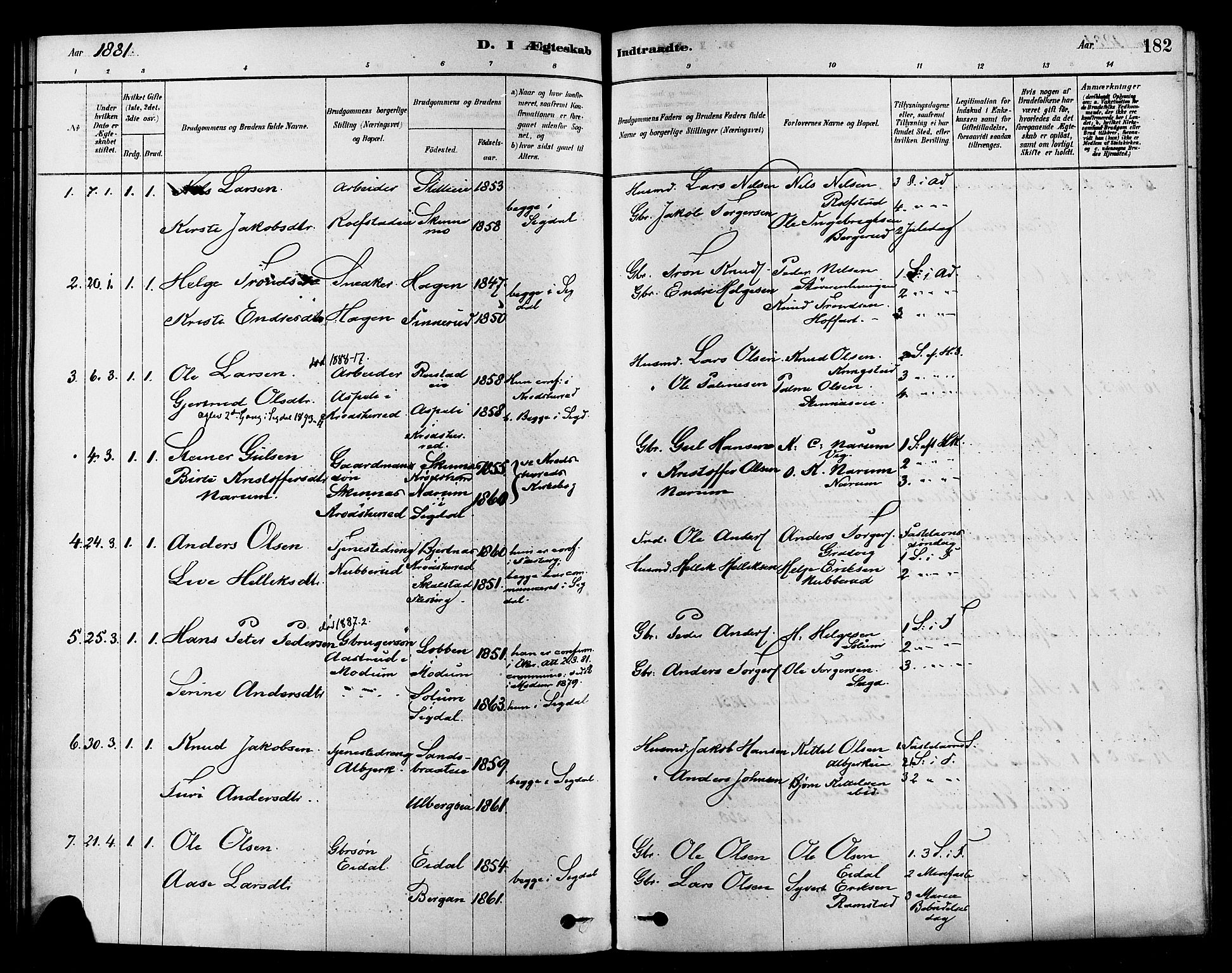 Sigdal kirkebøker, AV/SAKO-A-245/F/Fa/L0011: Parish register (official) no. I 11, 1879-1887, p. 182