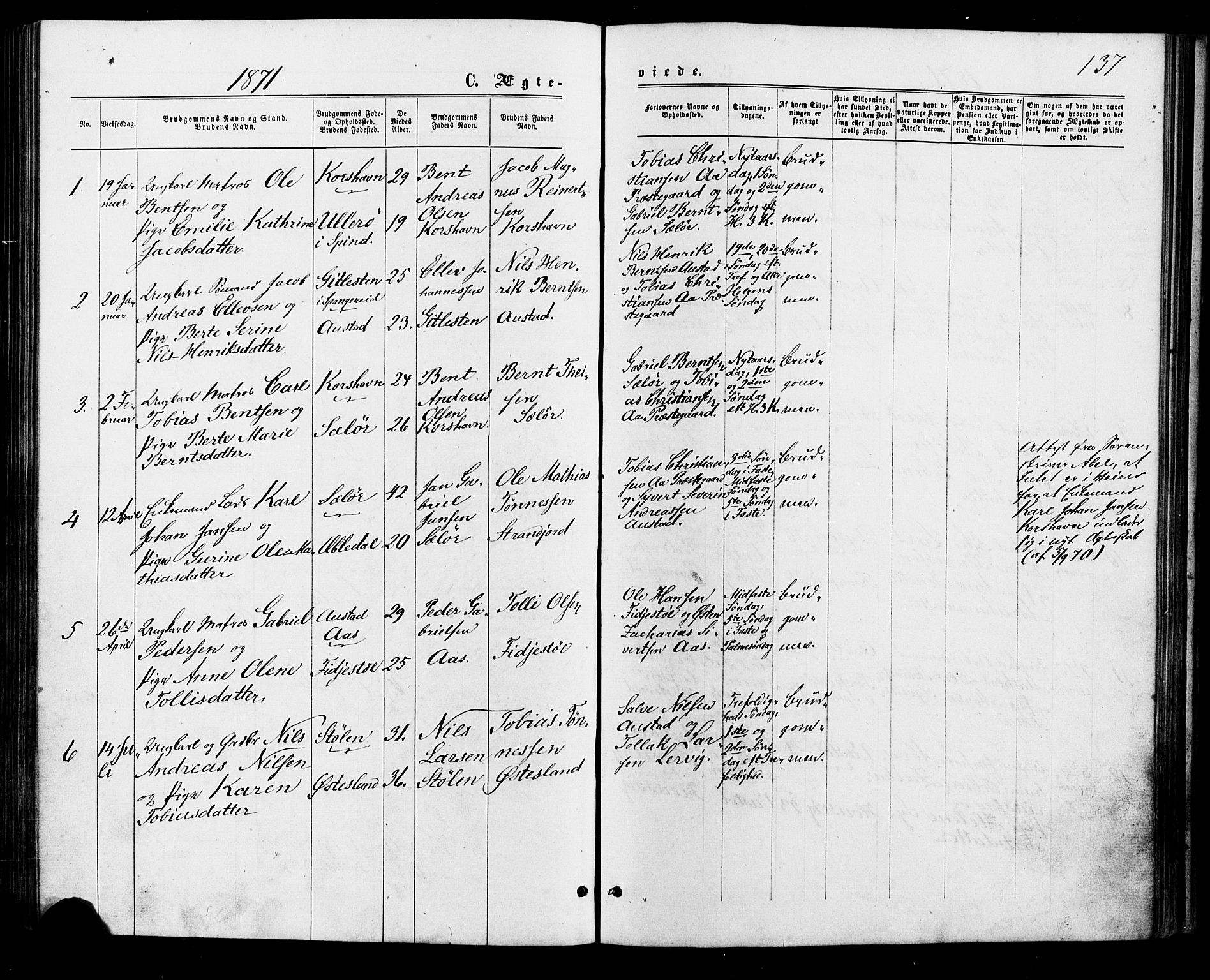 Lyngdal sokneprestkontor, SAK/1111-0029/F/Fa/Faa/L0003: Parish register (official) no. A 3, 1871-1882, p. 137