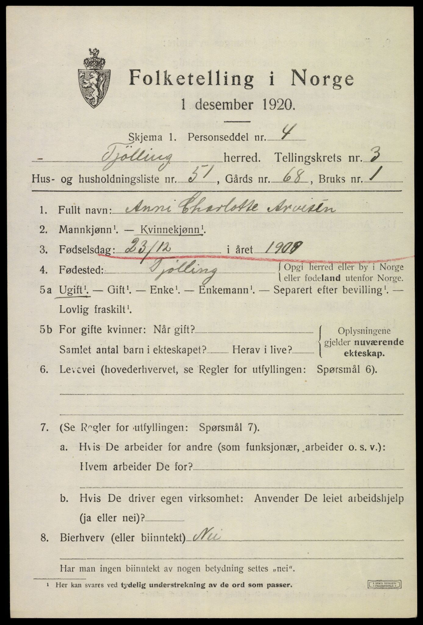 SAKO, 1920 census for Tjølling, 1920, p. 7489
