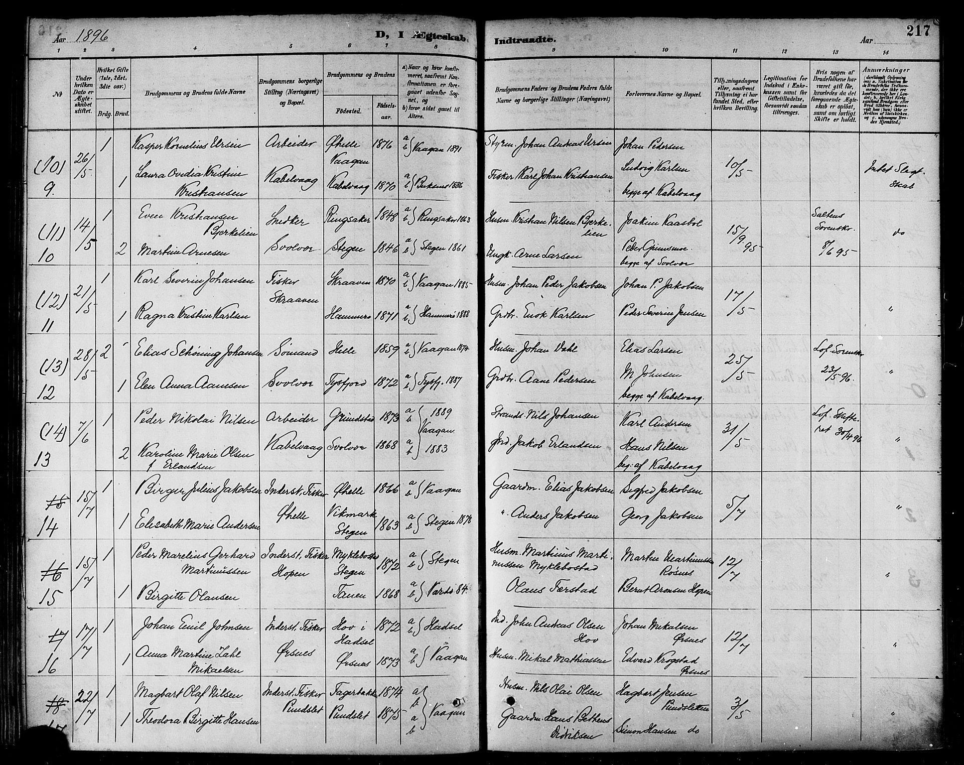 Ministerialprotokoller, klokkerbøker og fødselsregistre - Nordland, AV/SAT-A-1459/874/L1060: Parish register (official) no. 874A04, 1890-1899, p. 217