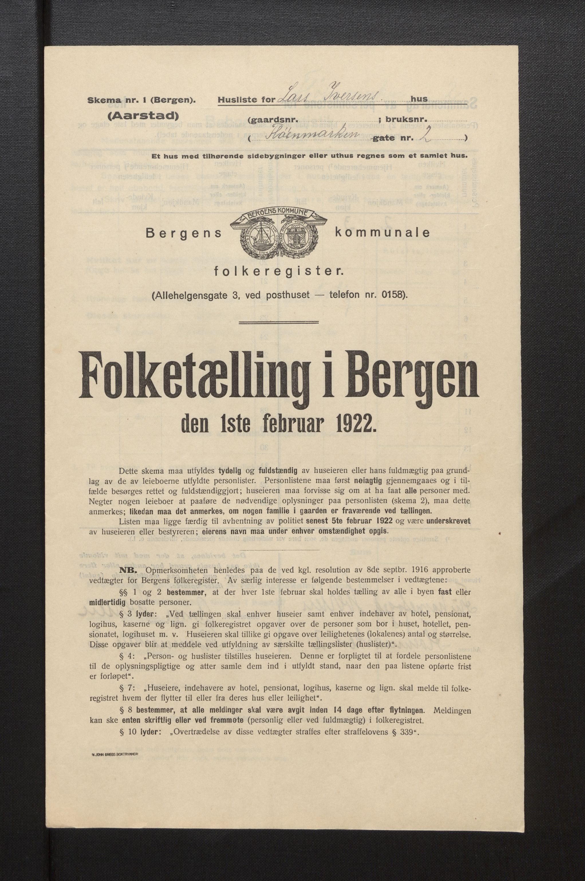 SAB, Municipal Census 1922 for Bergen, 1922, p. 52397
