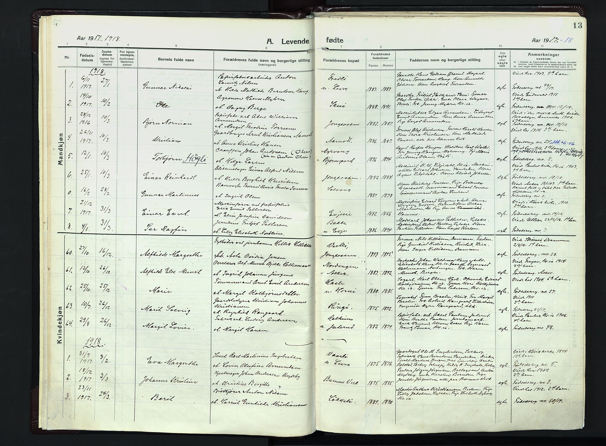 Vestre Bærum prestekontor Kirkebøker, AV/SAO-A-10209a/F/Fa/L0003: Parish register (official) no. 3, 1916-1930, p. 13