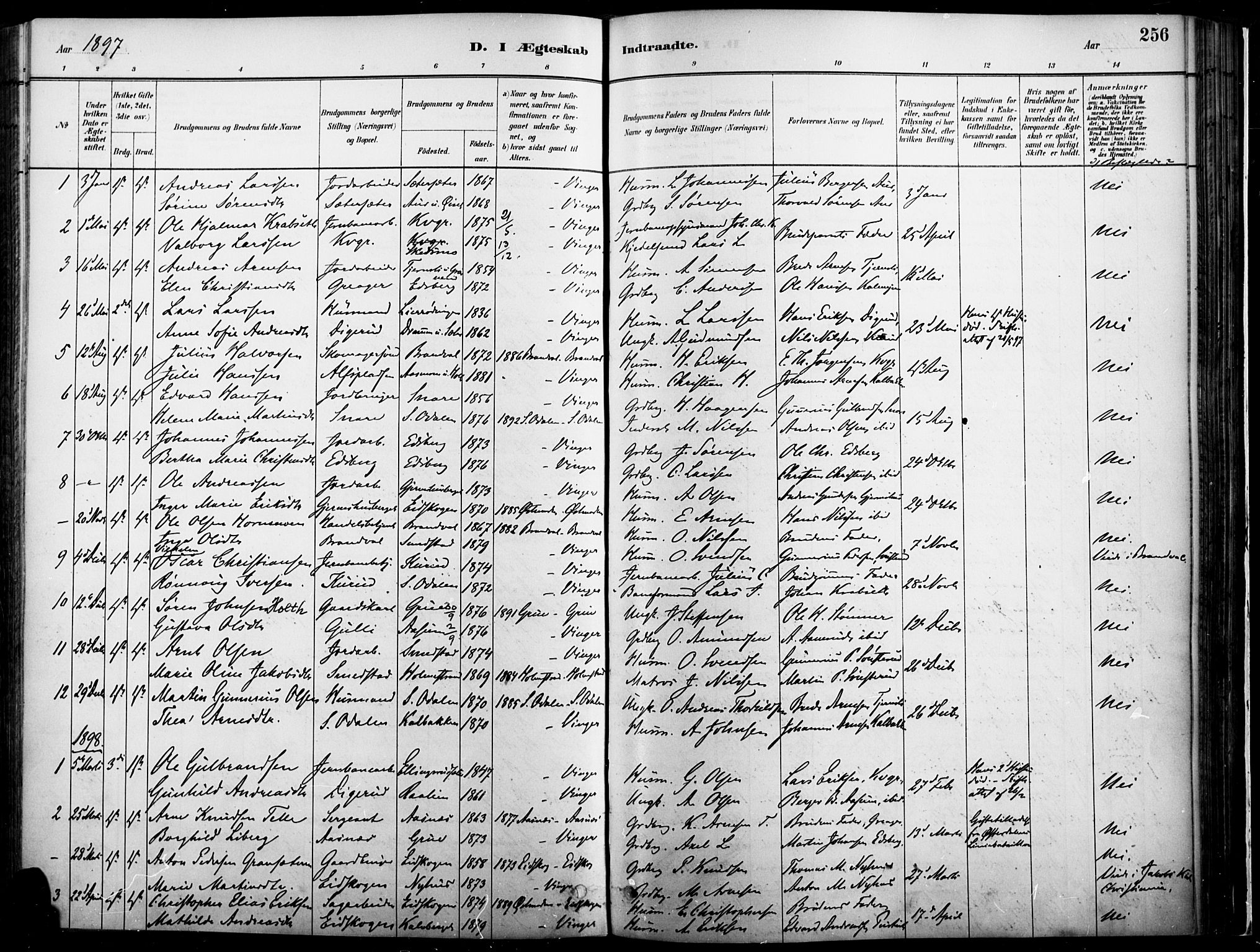 Vinger prestekontor, SAH/PREST-024/H/Ha/Haa/L0014: Parish register (official) no. 14, 1881-1900, p. 256