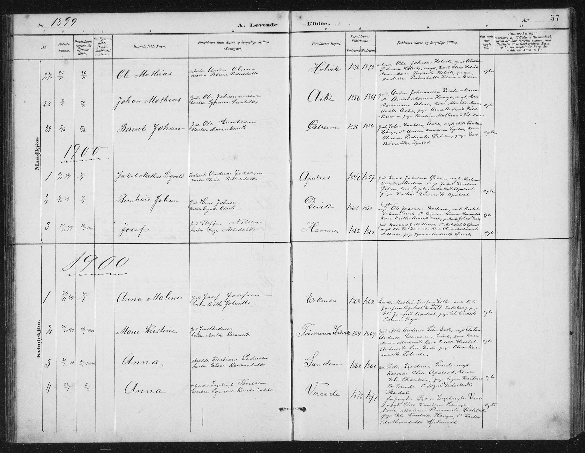 Gloppen sokneprestembete, SAB/A-80101/H/Hab/Habb/L0002: Parish register (copy) no. B 2, 1889-1909, p. 57