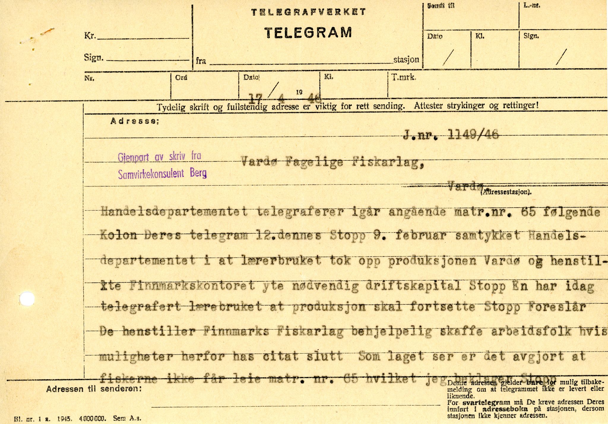 Vardø Fiskersamvirkelag, VAMU/A-0037/D/Da/L0004: Korrespondanse Ko-Ma, 1945-1950