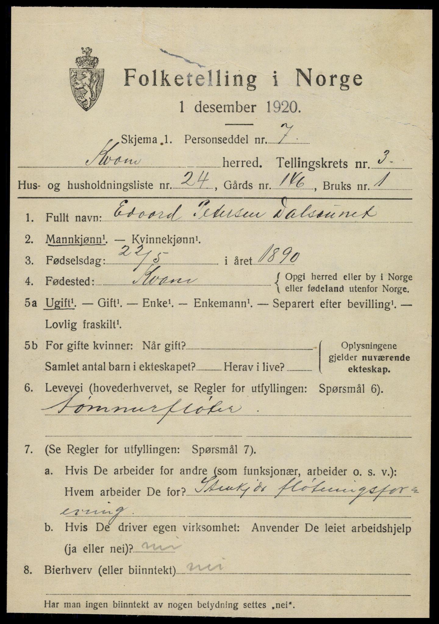 SAT, 1920 census for Kvam, 1920, p. 1087