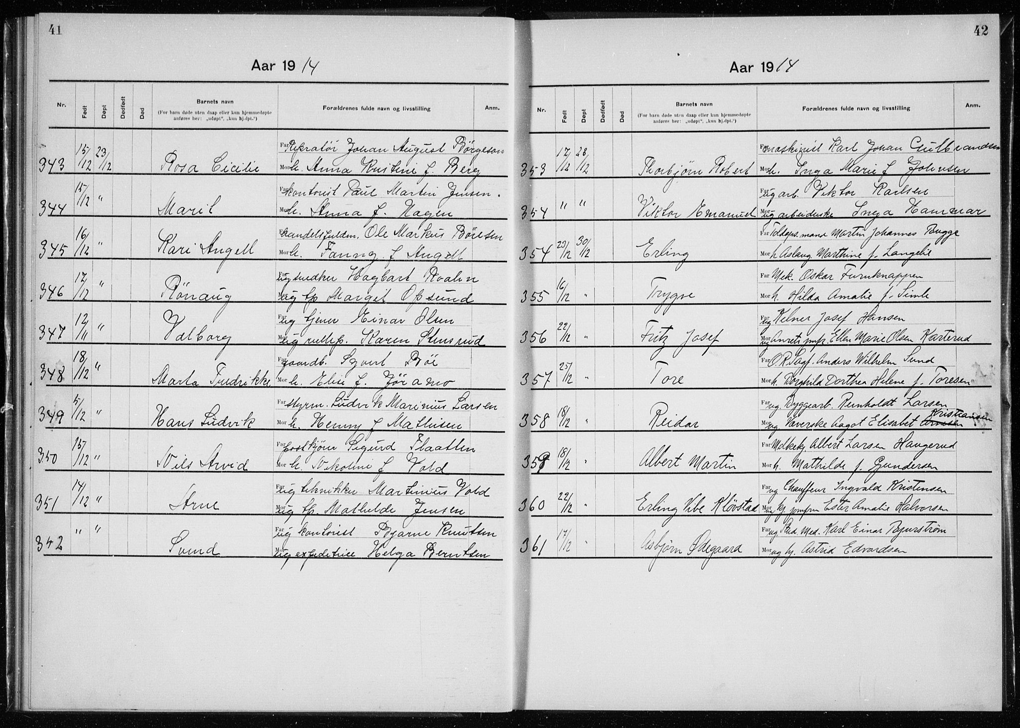 Rikshospitalet prestekontor Kirkebøker, AV/SAO-A-10309b/K/L0007/0003: Baptism register no. 7.3, 1914-1915, p. 41-42