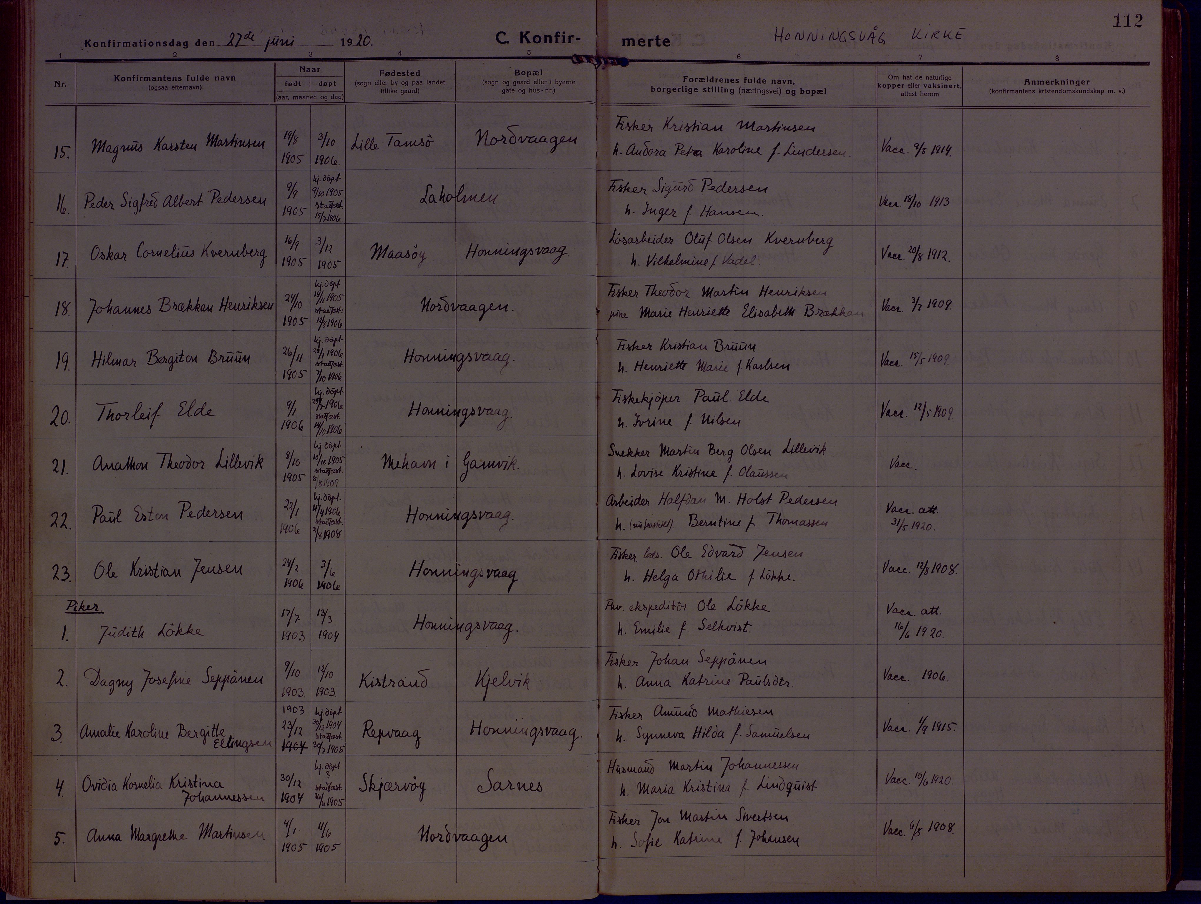 Kjelvik/Nordkapp sokneprestkontor, SATØ/S-1350/H/Ha/L0002kirke: Parish register (official) no. 2, 1920-1929, p. 112