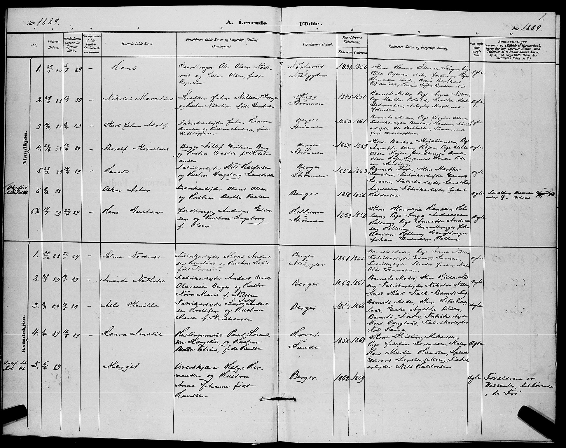 Strømm kirkebøker, SAKO/A-322/G/Ga/L0003: Parish register (copy) no. I 3, 1889-1896, p. 1