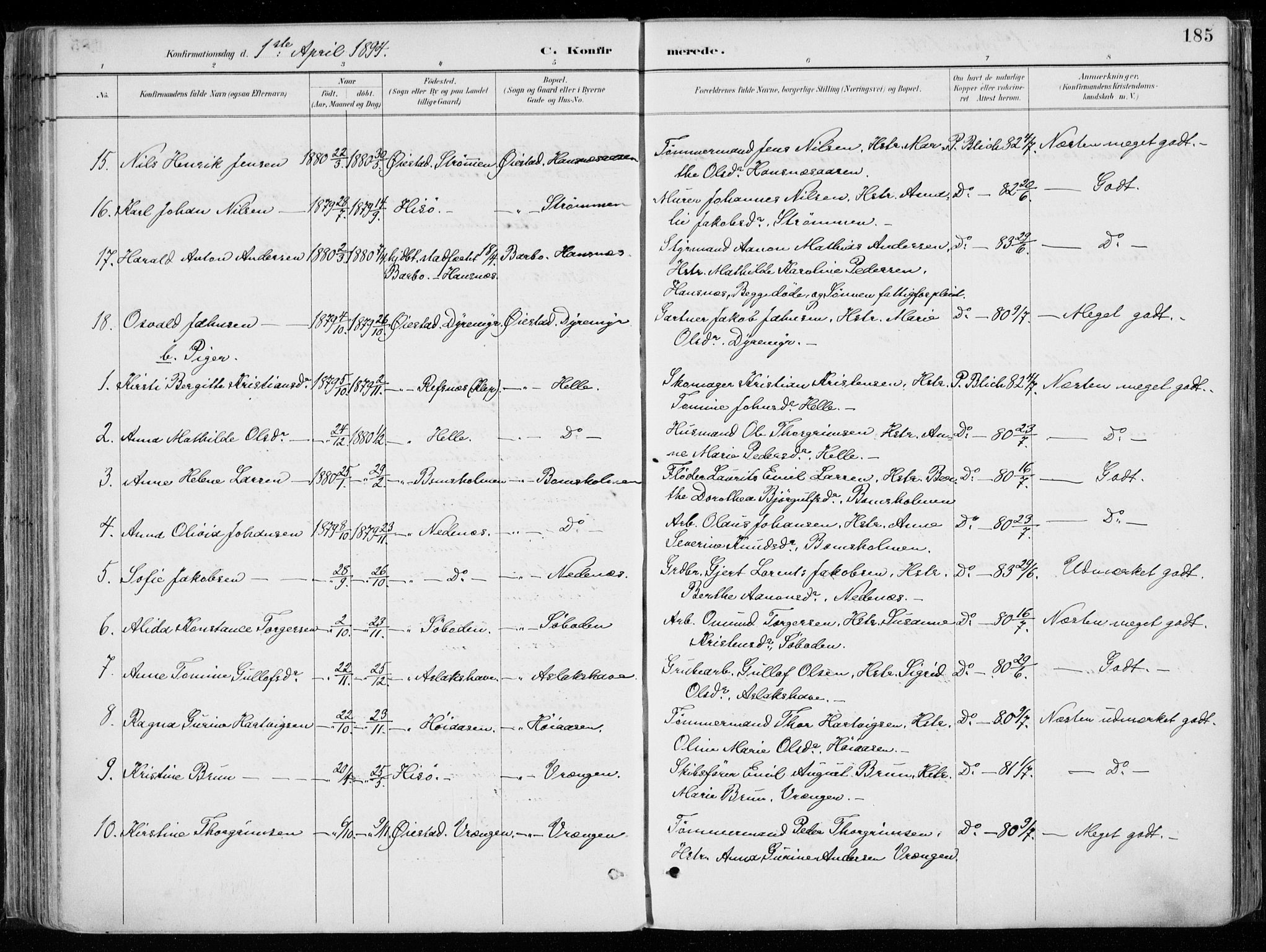 Øyestad sokneprestkontor, SAK/1111-0049/F/Fa/L0017: Parish register (official) no. A 17, 1887-1896, p. 185
