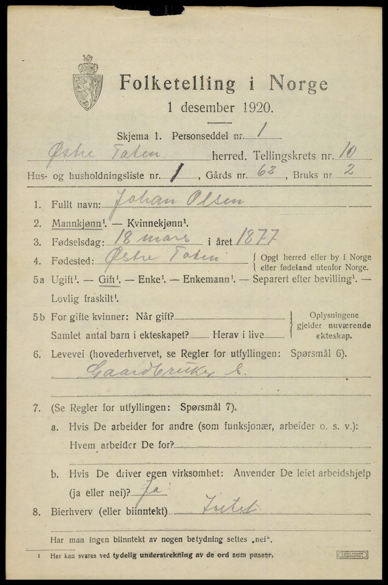 SAH, 1920 census for Østre Toten, 1920, p. 20356