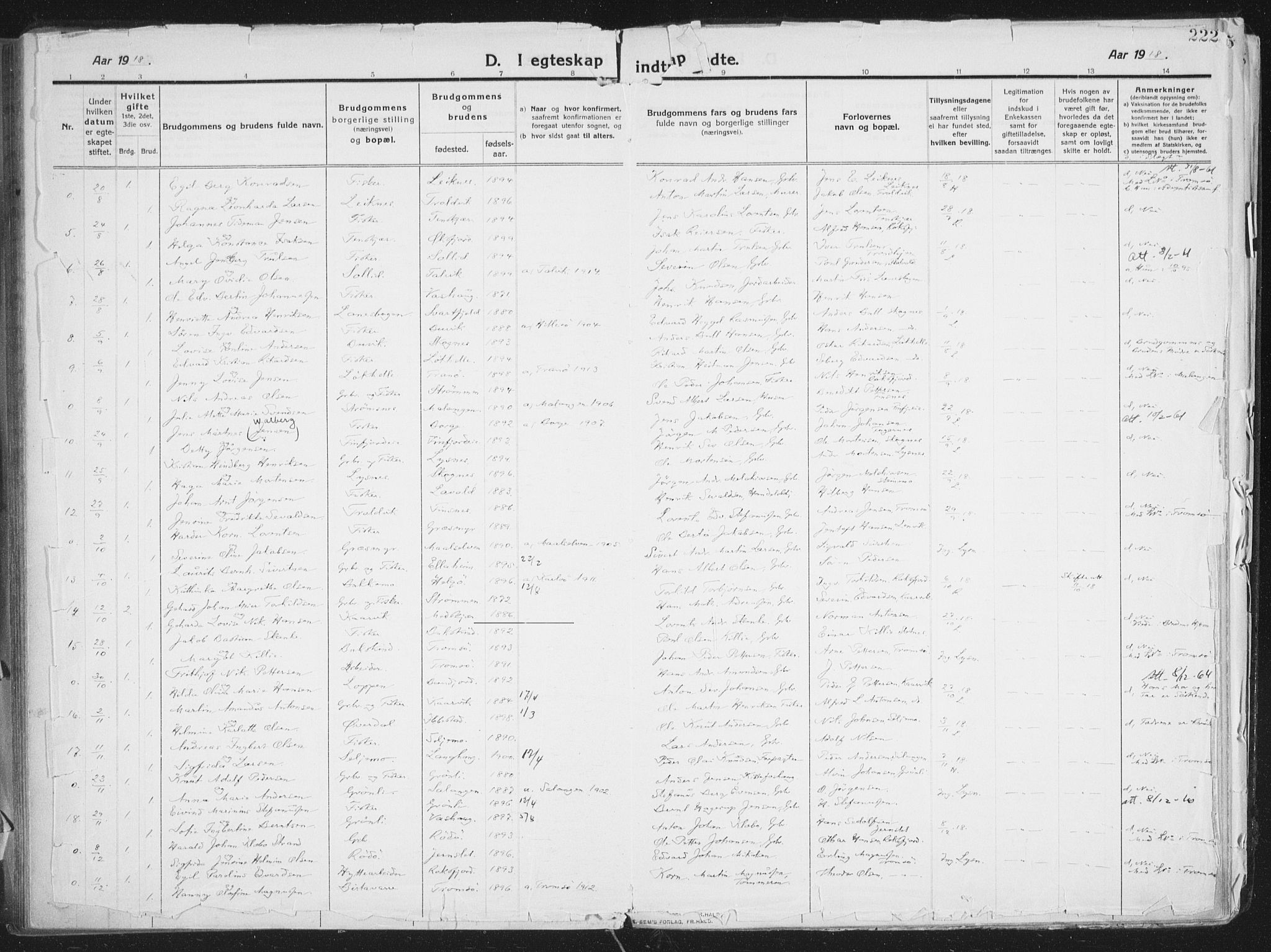 Lenvik sokneprestembete, SATØ/S-1310/H/Ha/Haa/L0016kirke: Parish register (official) no. 16, 1910-1924, p. 222