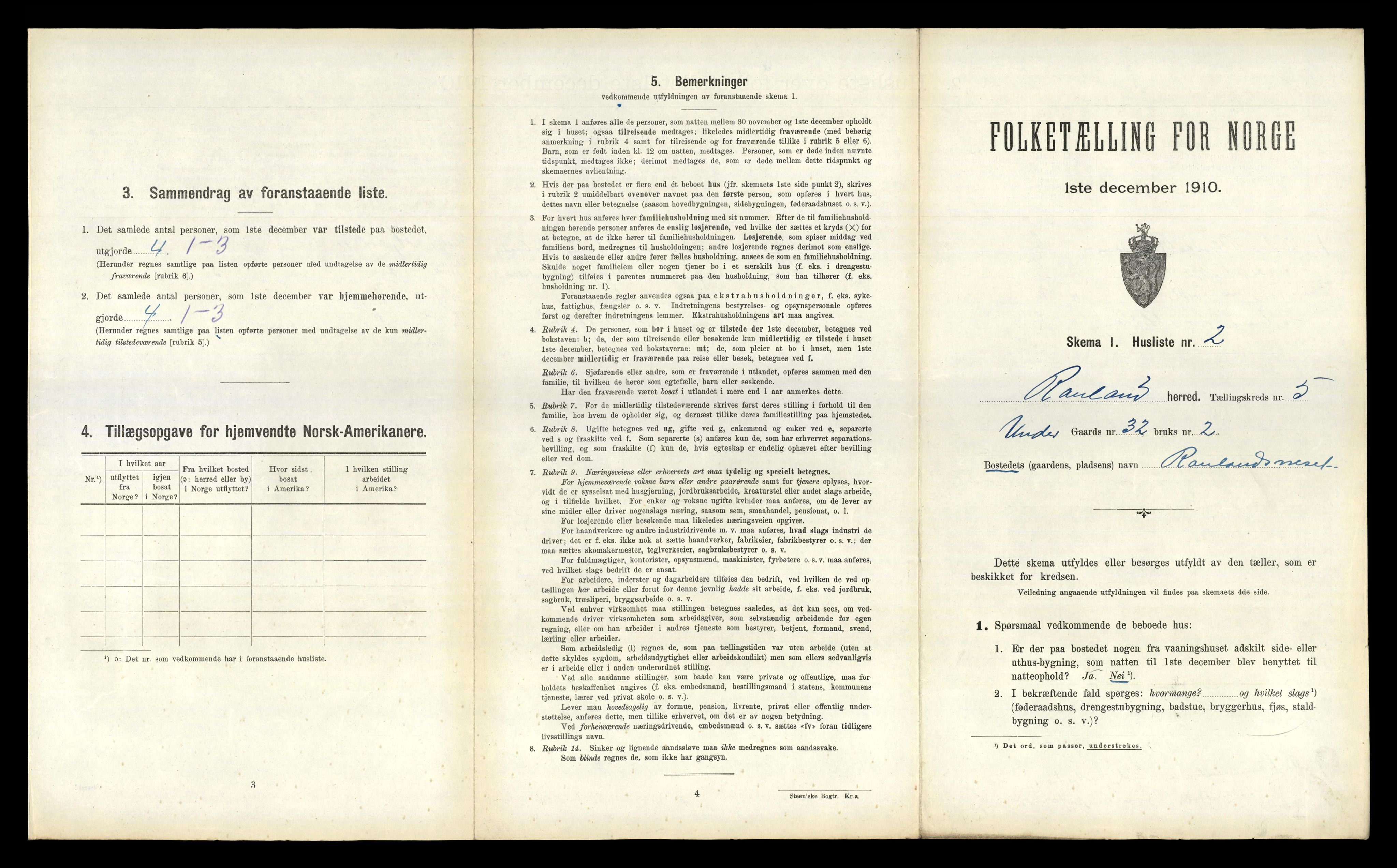 RA, 1910 census for Rauland, 1910, p. 157