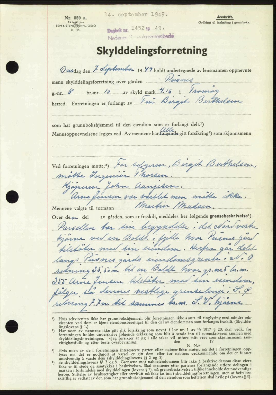 Nedenes sorenskriveri, AV/SAK-1221-0006/G/Gb/Gba/L0061: Mortgage book no. A13, 1949-1949, Diary no: : 1452/1949