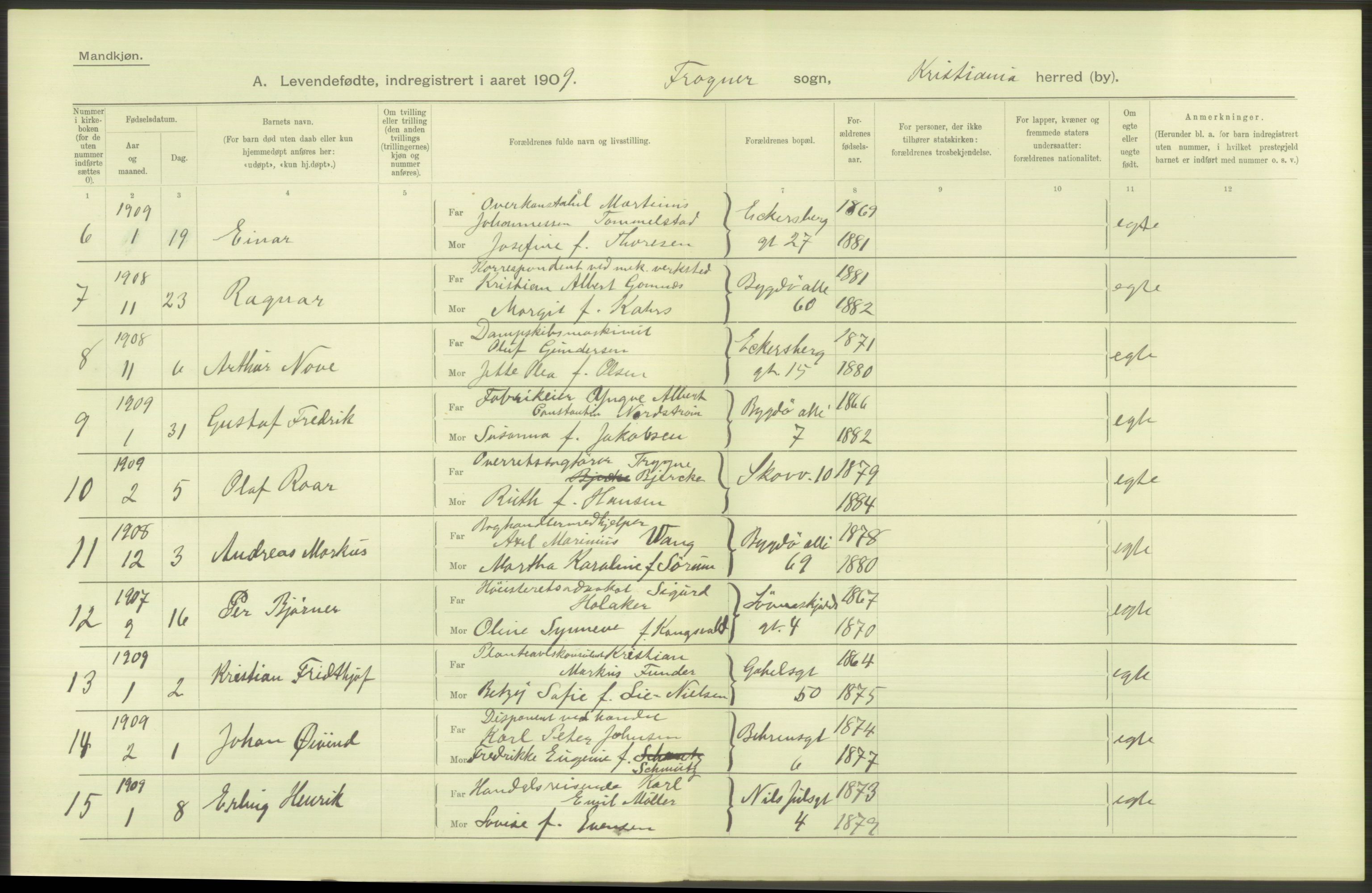 Statistisk sentralbyrå, Sosiodemografiske emner, Befolkning, RA/S-2228/D/Df/Dfa/Dfag/L0007: Kristiania: Levendefødte menn og kvinner., 1909, p. 348