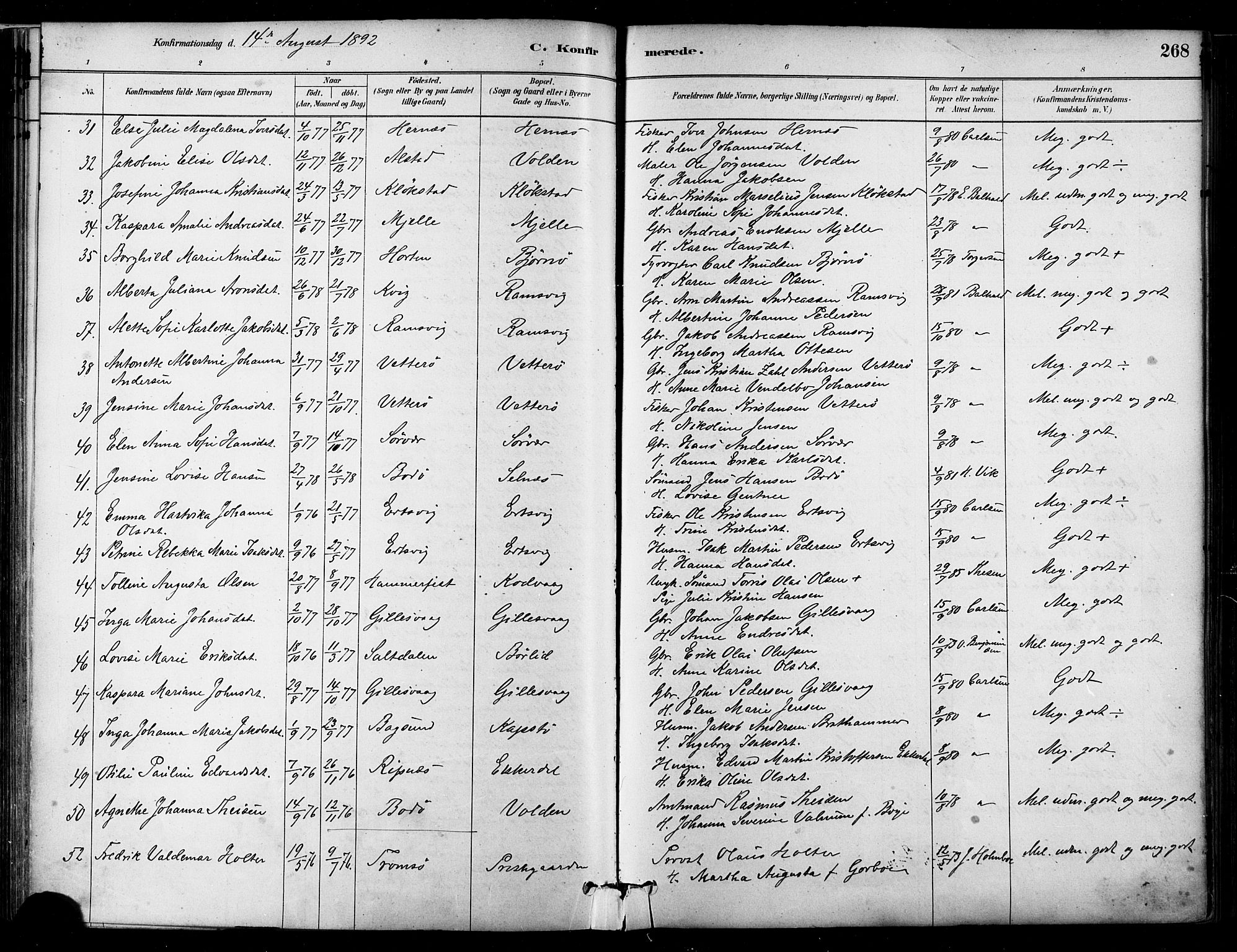 Ministerialprotokoller, klokkerbøker og fødselsregistre - Nordland, SAT/A-1459/802/L0054: Parish register (official) no. 802A01, 1879-1893, p. 268