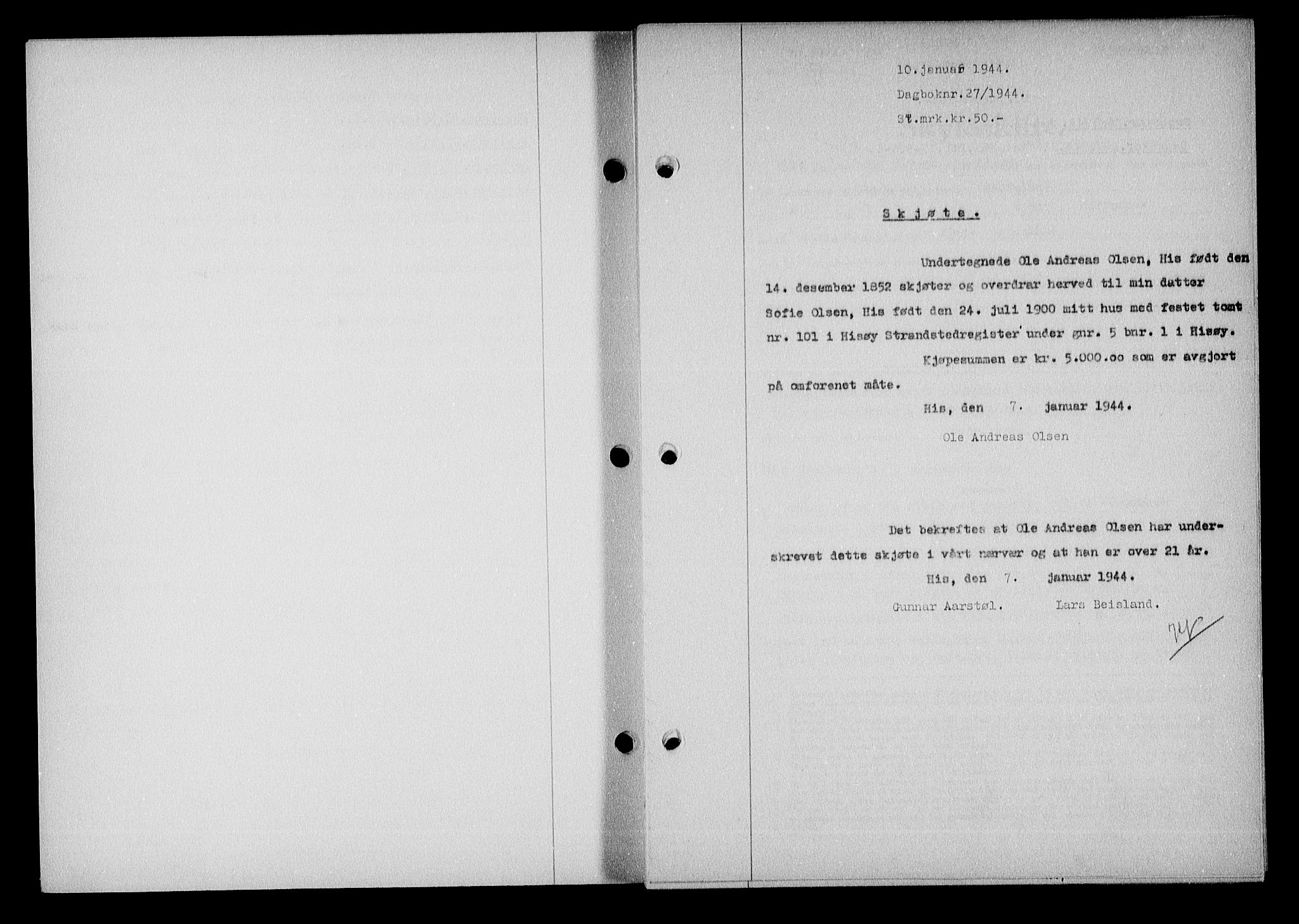 Nedenes sorenskriveri, SAK/1221-0006/G/Gb/Gba/L0051: Mortgage book no. A-V, 1943-1944, Diary no: : 27/1944