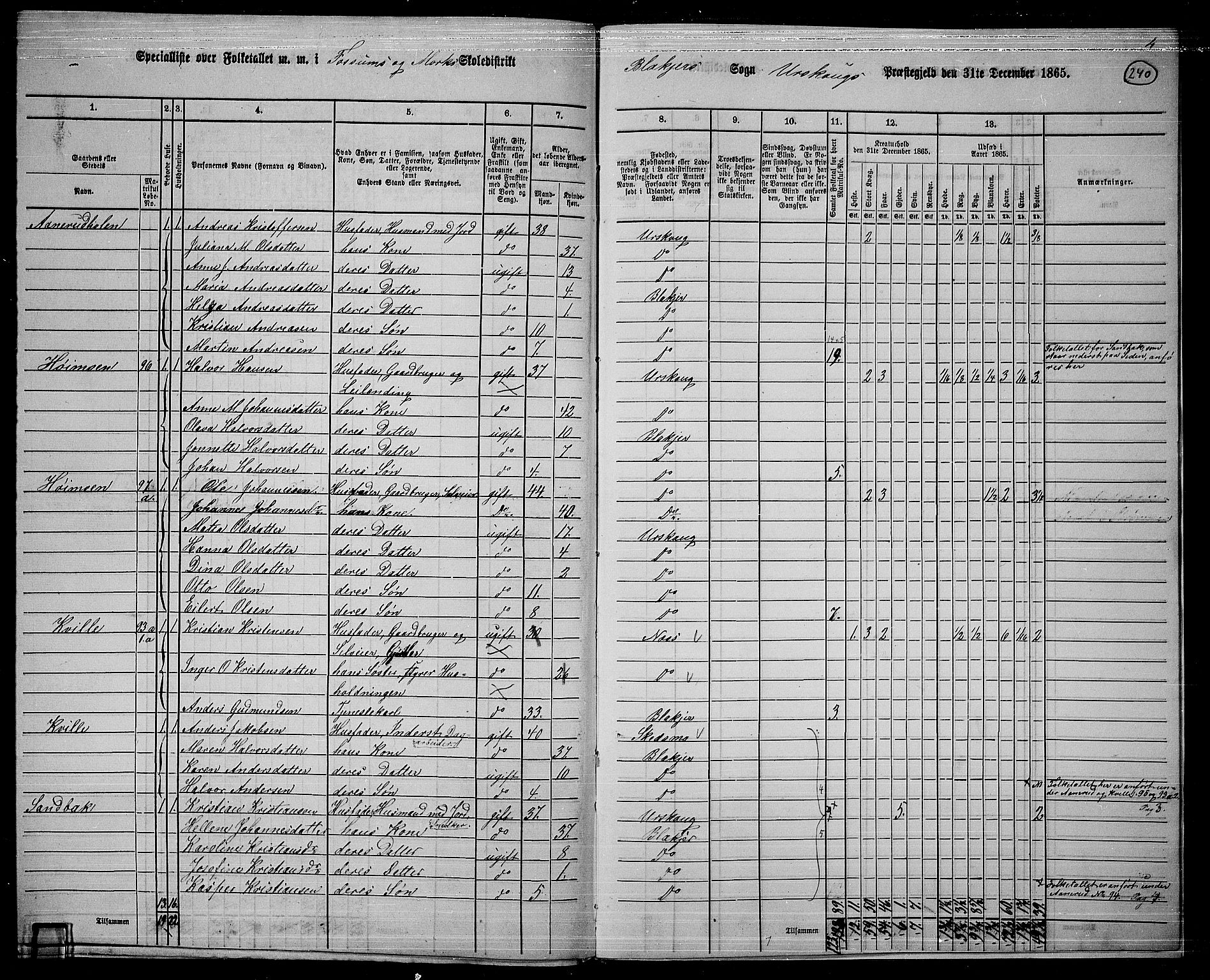 RA, 1865 census for Aurskog, 1865, p. 218