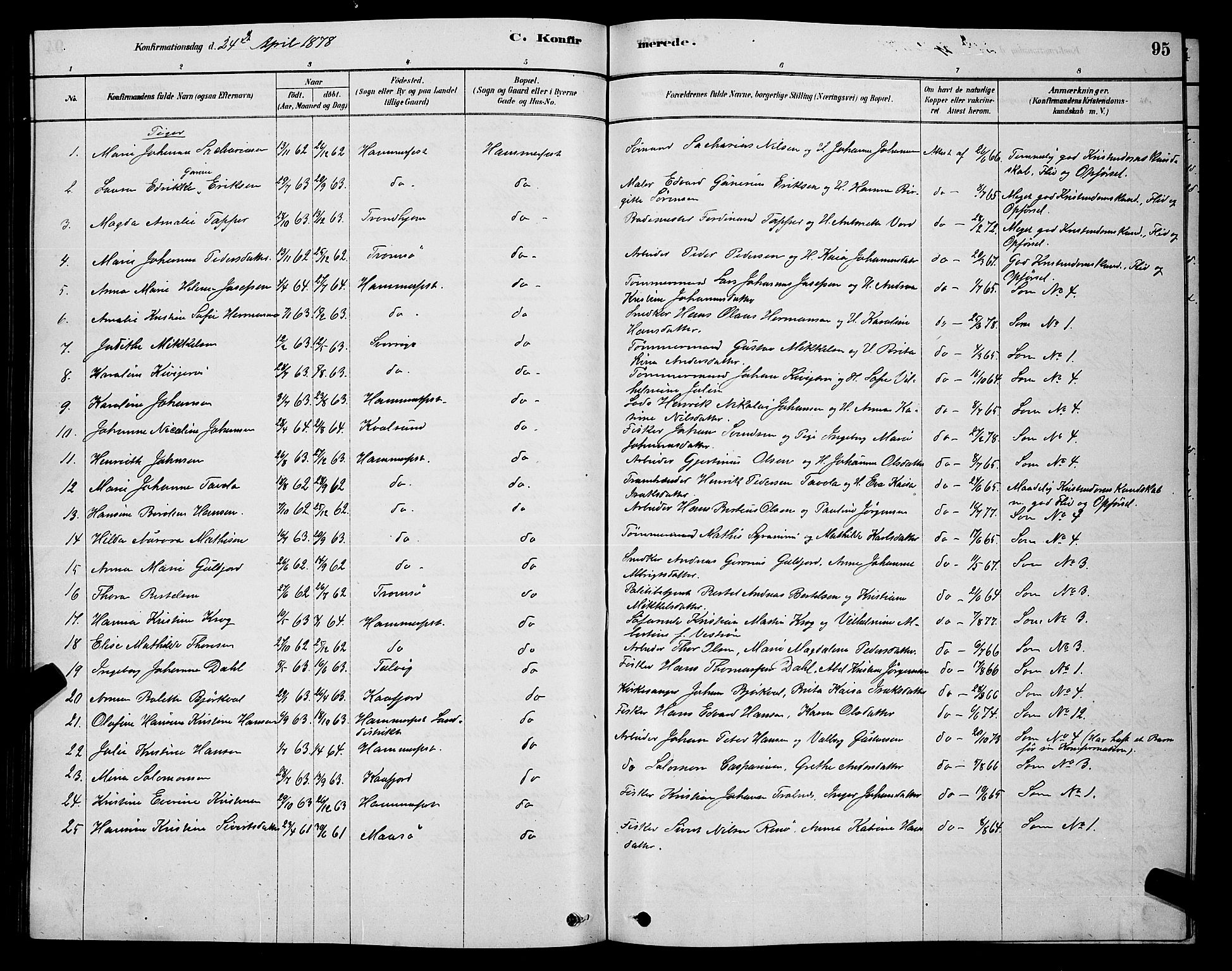 Hammerfest sokneprestkontor, AV/SATØ-S-1347/H/Hb/L0006.klokk: Parish register (copy) no. 6, 1876-1884, p. 95