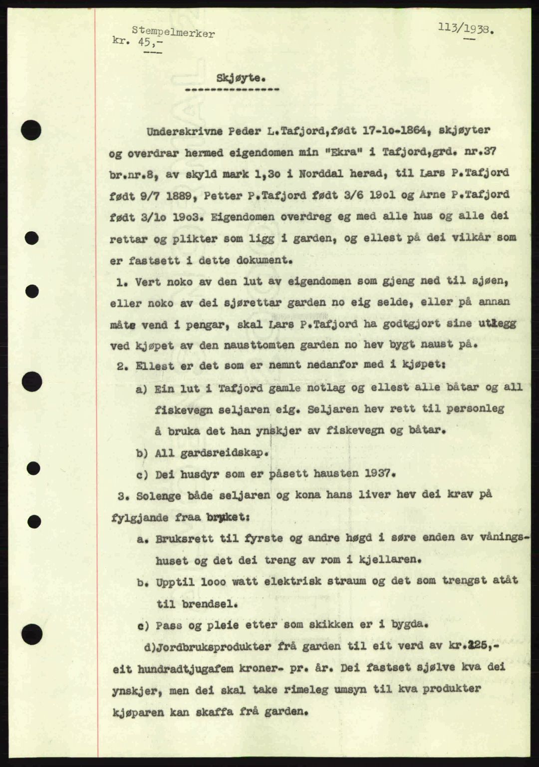 Nordre Sunnmøre sorenskriveri, AV/SAT-A-0006/1/2/2C/2Ca: Mortgage book no. A4, 1937-1938, Diary no: : 113/1938