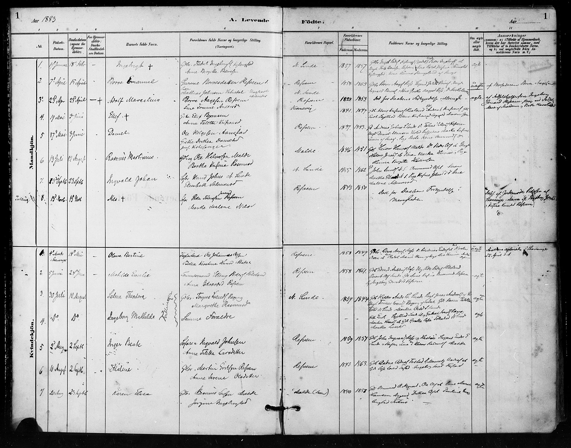 Håland sokneprestkontor, SAST/A-101802/001/30BA/L0011: Parish register (official) no. A 10, 1883-1900, p. 1