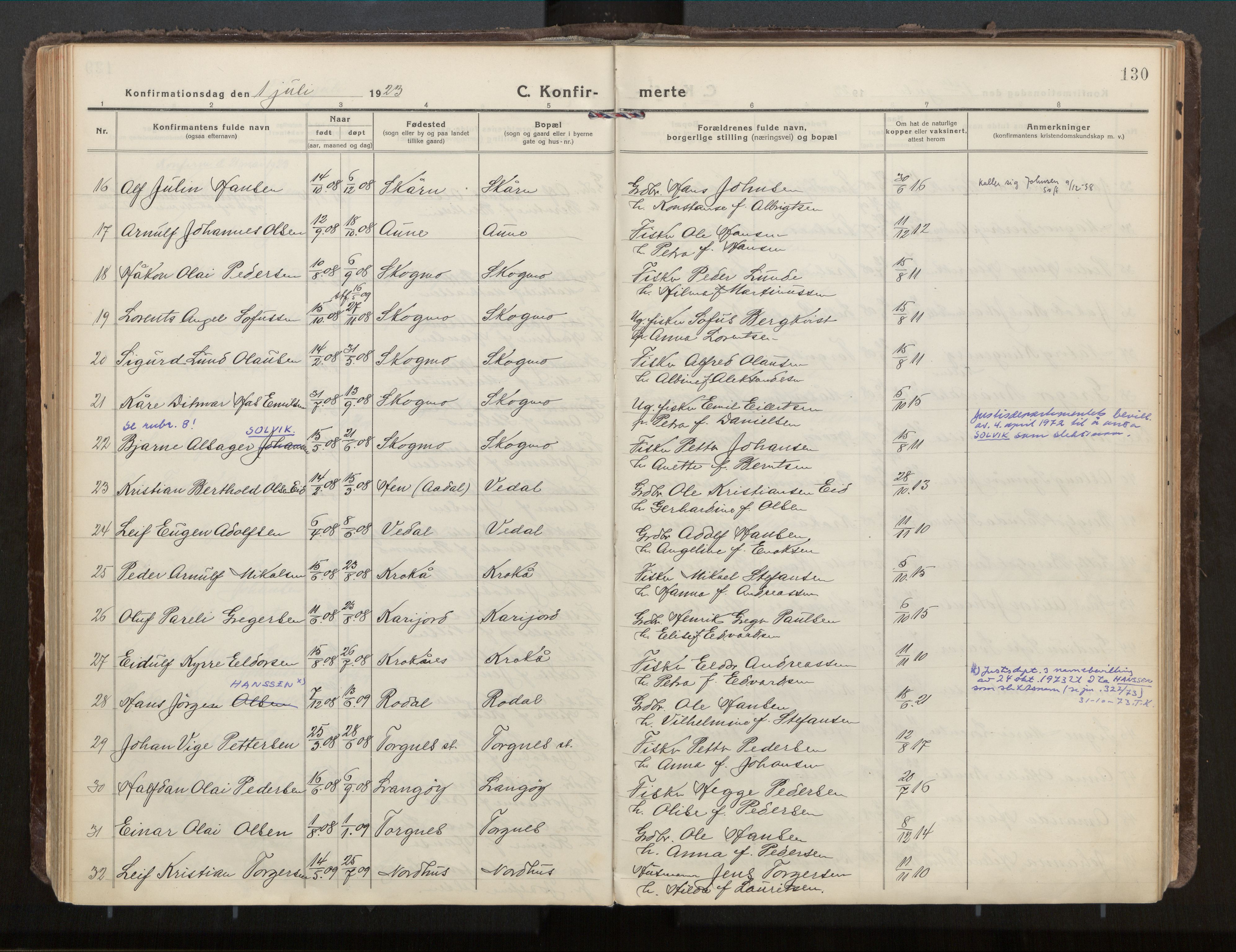 Ministerialprotokoller, klokkerbøker og fødselsregistre - Nordland, AV/SAT-A-1459/813/L0207a: Parish register (official) no. 813A18, 1919-1927, p. 130